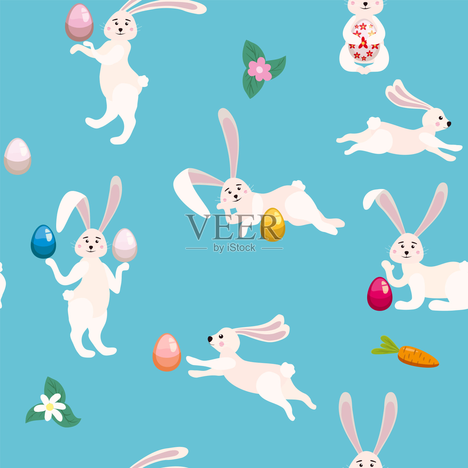 快乐复活节无缝图案与可爱的兔子,兔子和鸡蛋插画图片素材