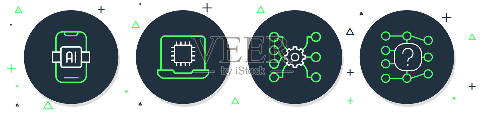 设置线路处理器CPU,神经网络,人工智能AI和图标。向量插画图片素材