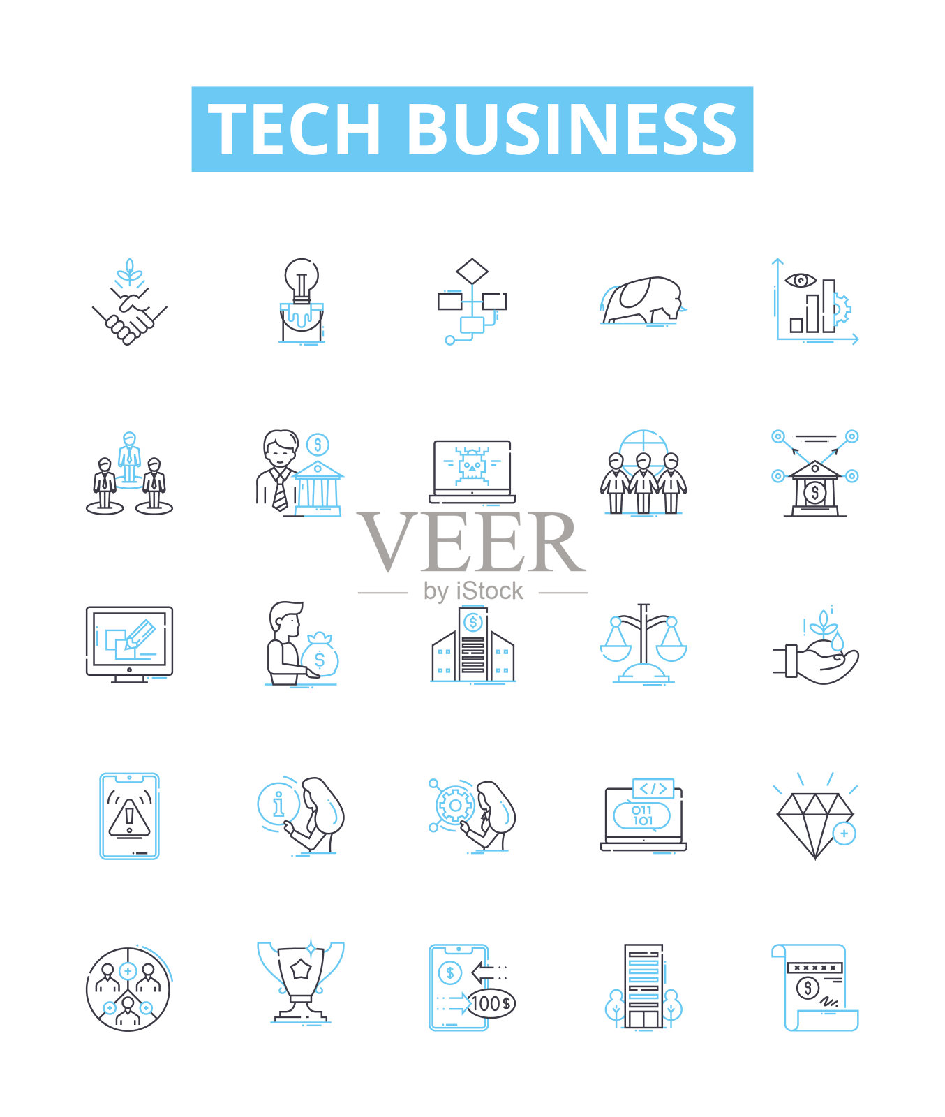技术业务矢量线图标集。技术、业务、软件、应用程序、解决方案、云、网络插图概述概念符号和标志图标素材