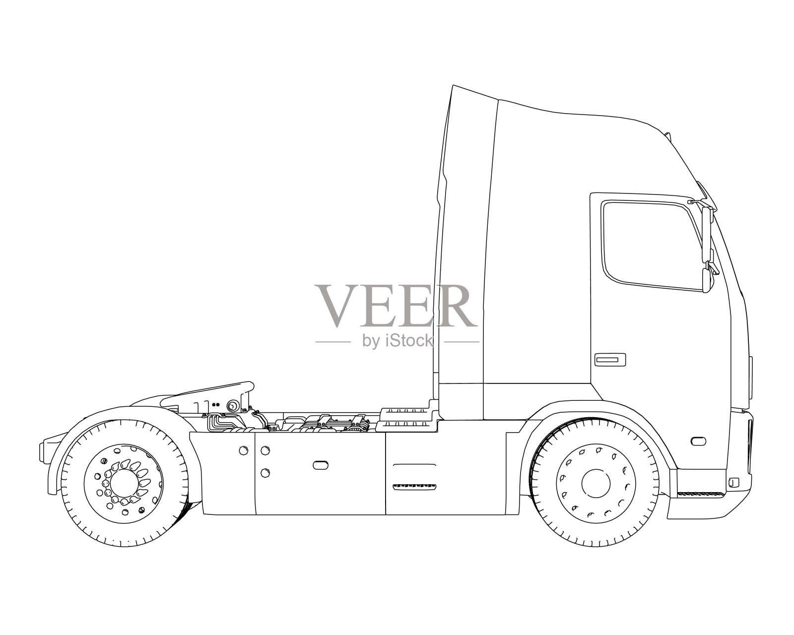 一辆没有拖车的卡车轮廓,黑色线条孤立在白色背景上。侧视图。矢量插图。插画图片素材