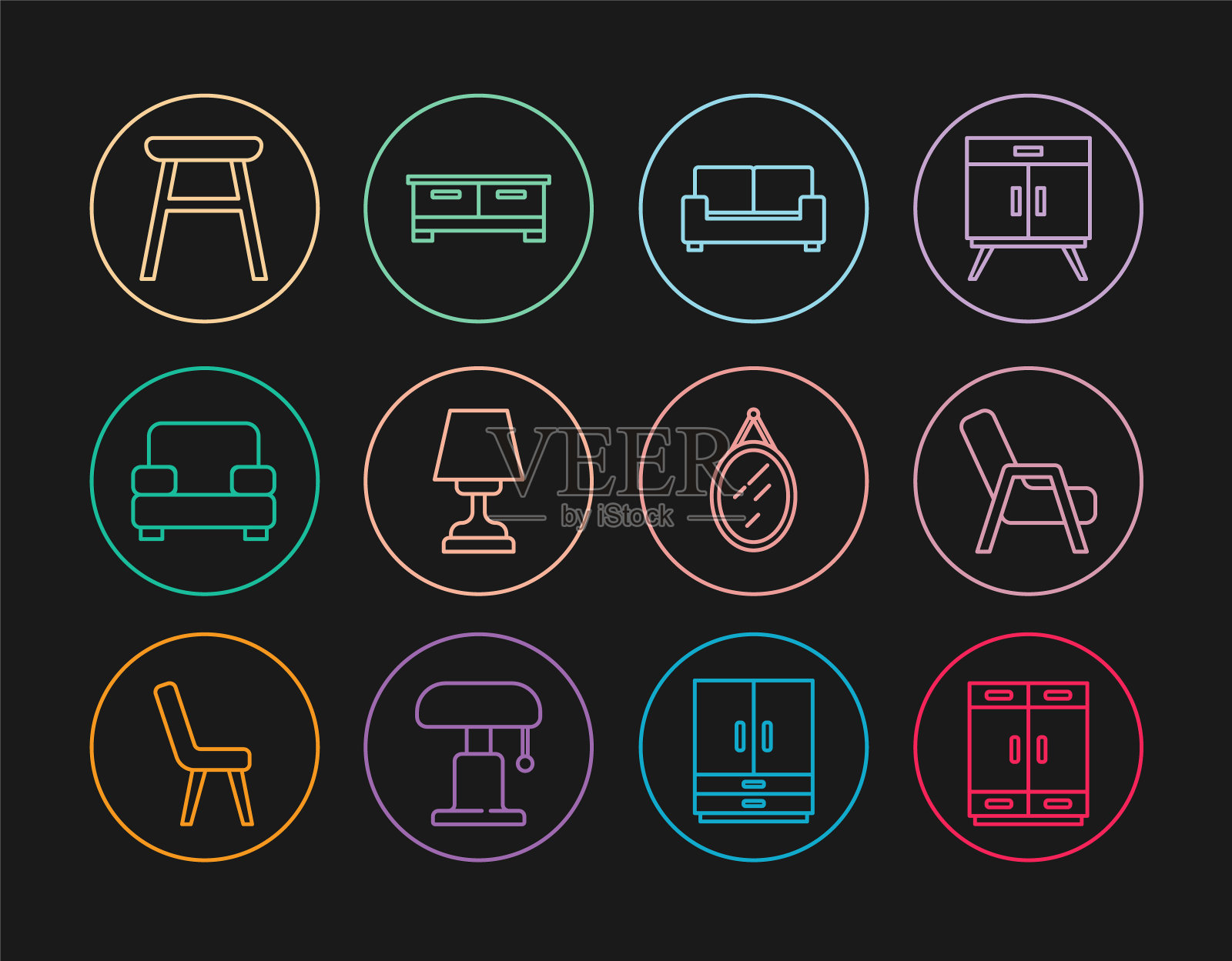 集线衣柜,扶手椅,沙发,台灯,椅子,镜子和衣柜抽屉图标。向量图标素材