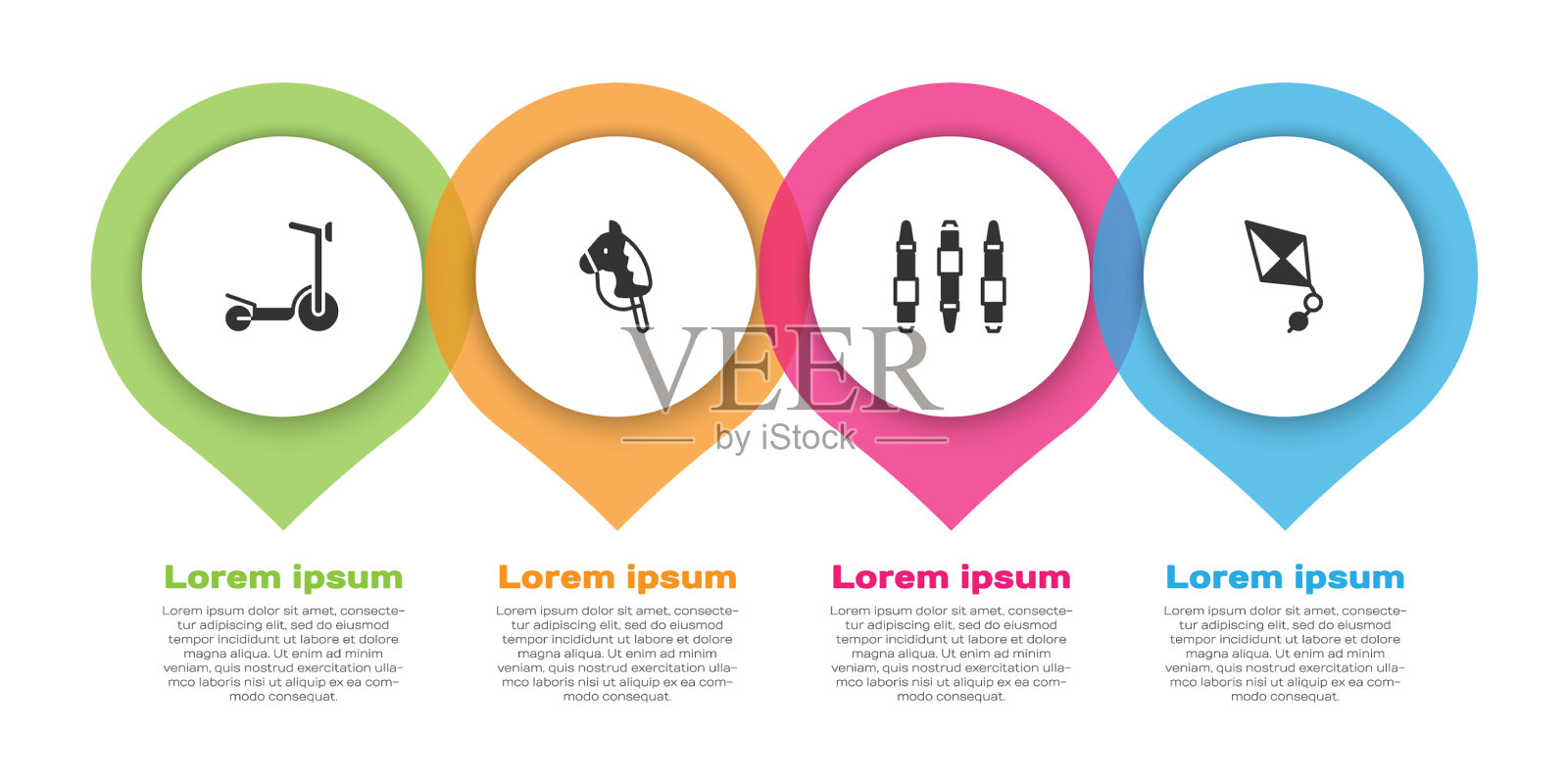 设置滑板车玩具马马克笔和风筝图标素材