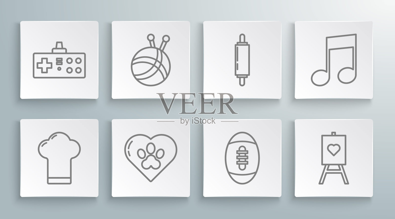 集线厨师帽,纱线球与针织针,心脏动物足迹,美式足球,木画架或画板,擀面杖,音乐音符,音调和手柄图标。向量图标素材