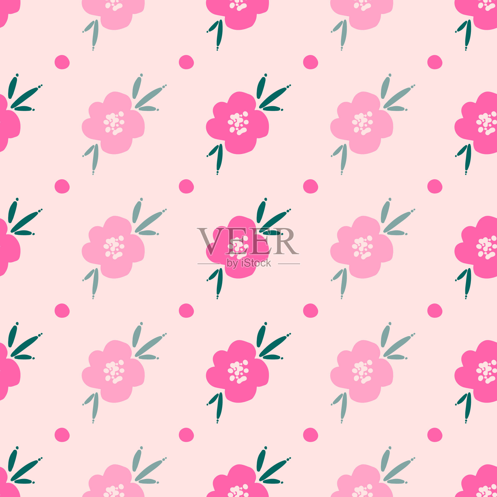 无缝重复模式与粉红色的花和点。背景或纹理花织物,壁纸,纺织品,服装,包装,剪贴簿,标签,封面,卡片,邀请插画图片素材
