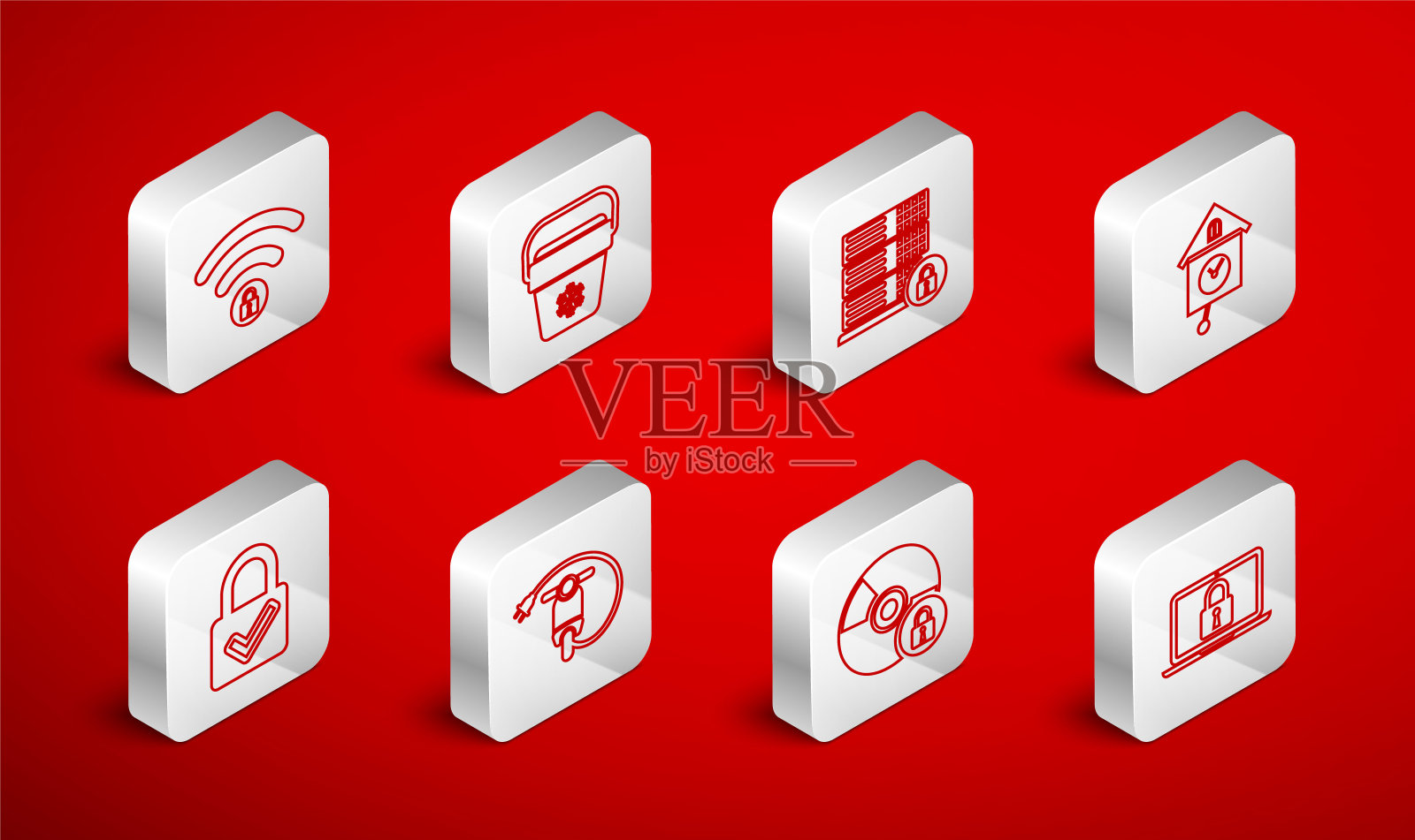 设置线笔记本电脑和锁,冷却器包,服务器安全与,复古墙壁手表,CD或DVD盘,Wifi锁定,电动滑板车和锁检查标志图标。向量图标素材