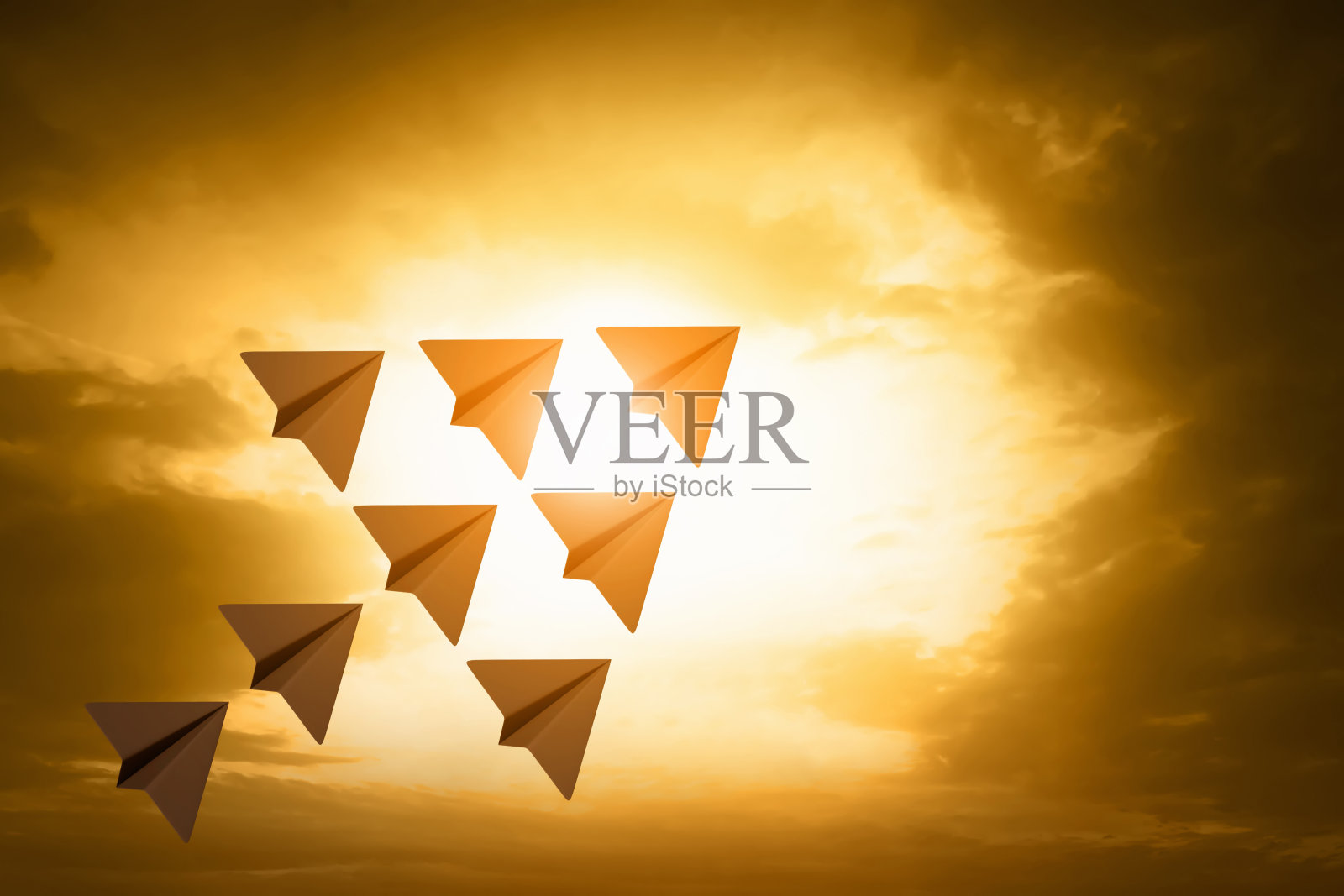 组纸飞机日落3d插图照片摄影图片