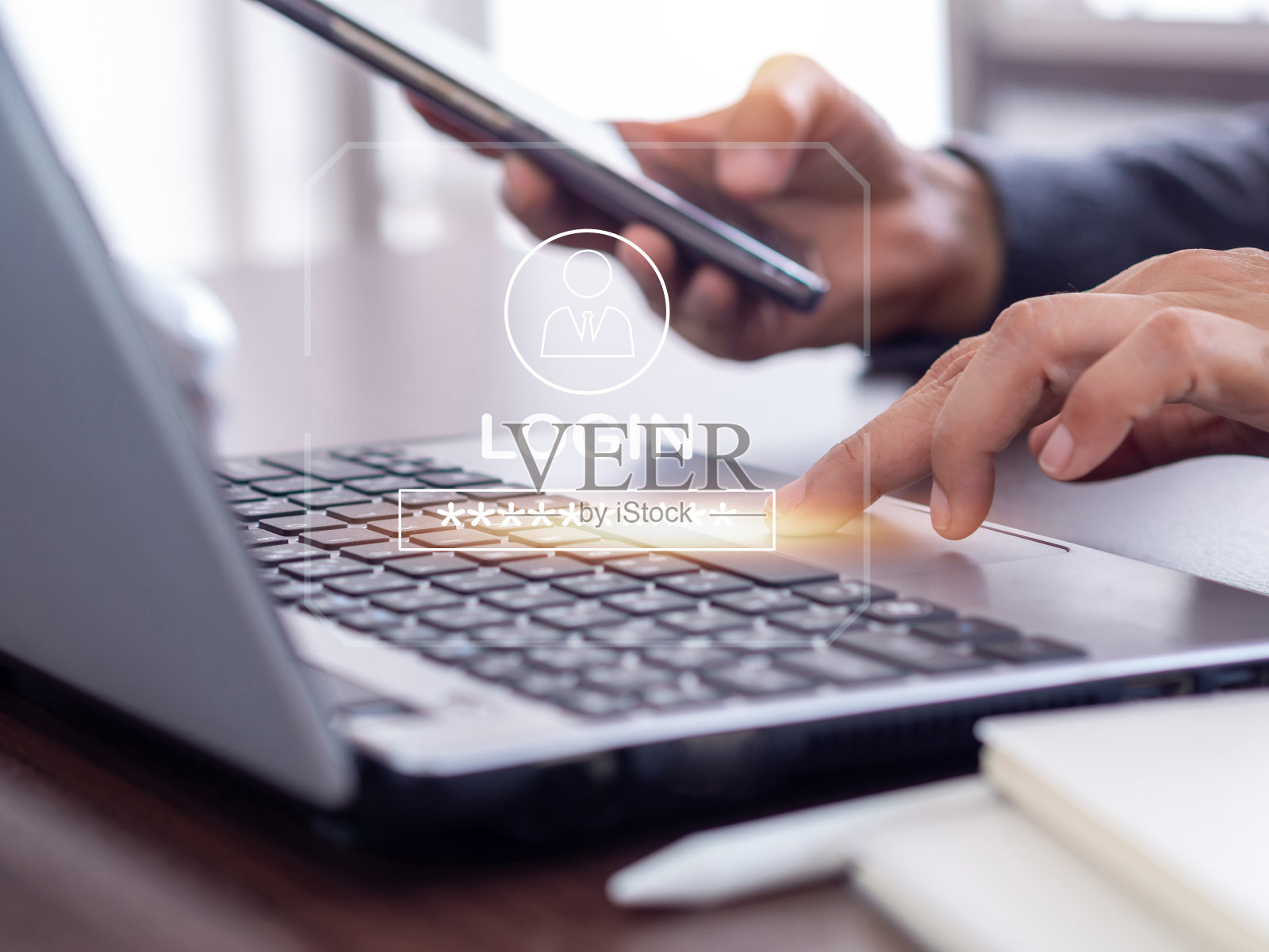 使用密码验证访问私有数据的概念。笔记本电脑屏幕上的登录图标和密码。照片摄影图片