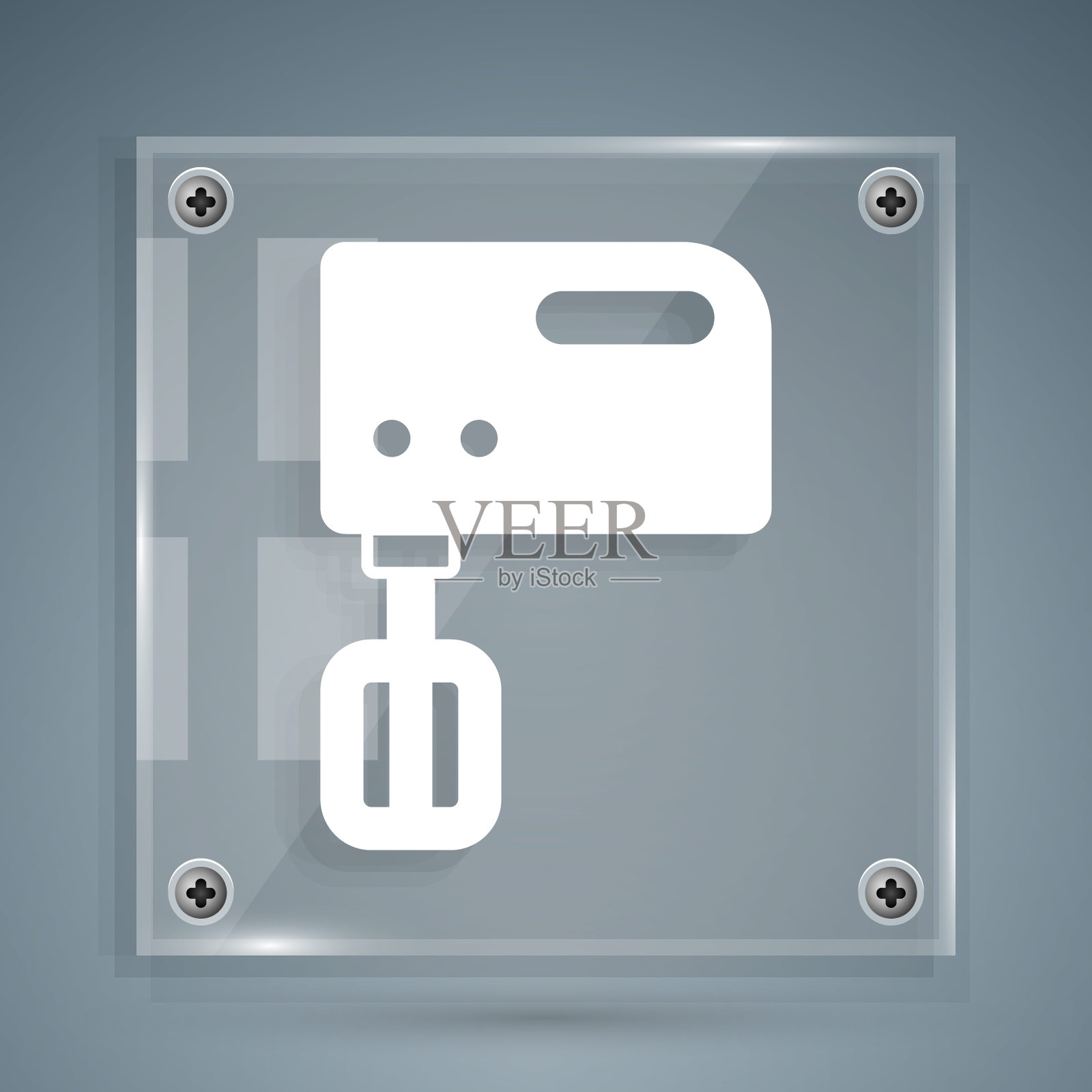 白色电动搅拌机图标隔离在灰色背景上。厨房的搅拌器。方形玻璃面板。向量图标素材