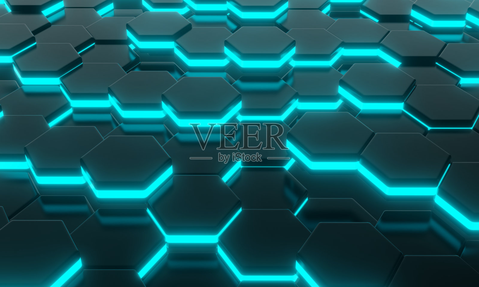 黑色蜂窝状六边形与蓝色发光霓虹灯背景。科幻和科学技术概念。三维插图绘制照片摄影图片