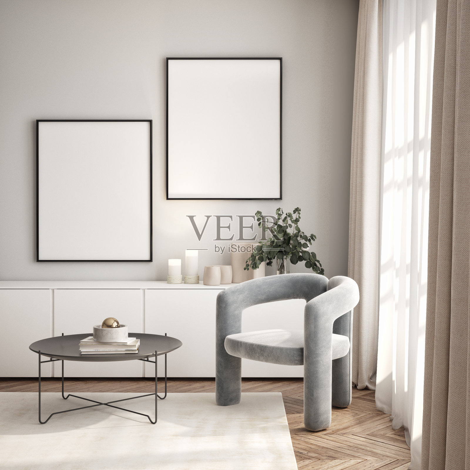 客厅墙上的海报框架模型。现代设计的豪华公寓背景。现代室内设计。3D渲染,3D插图。照片摄影图片