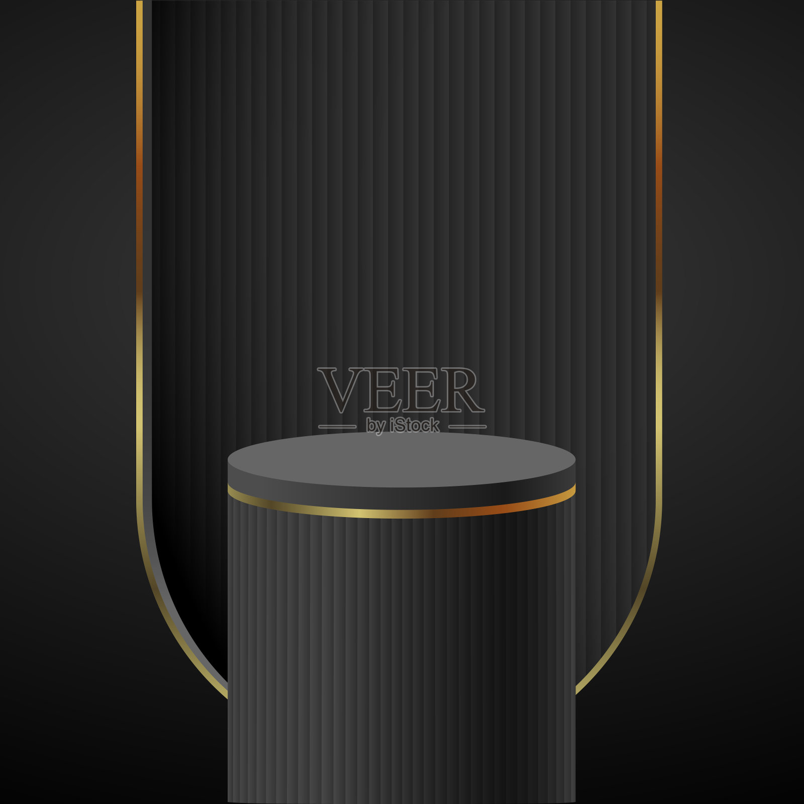 现实的黑色金色三维圆柱基座基座与黑色瓦楞在窗口拱形状矢量显示插画图片素材
