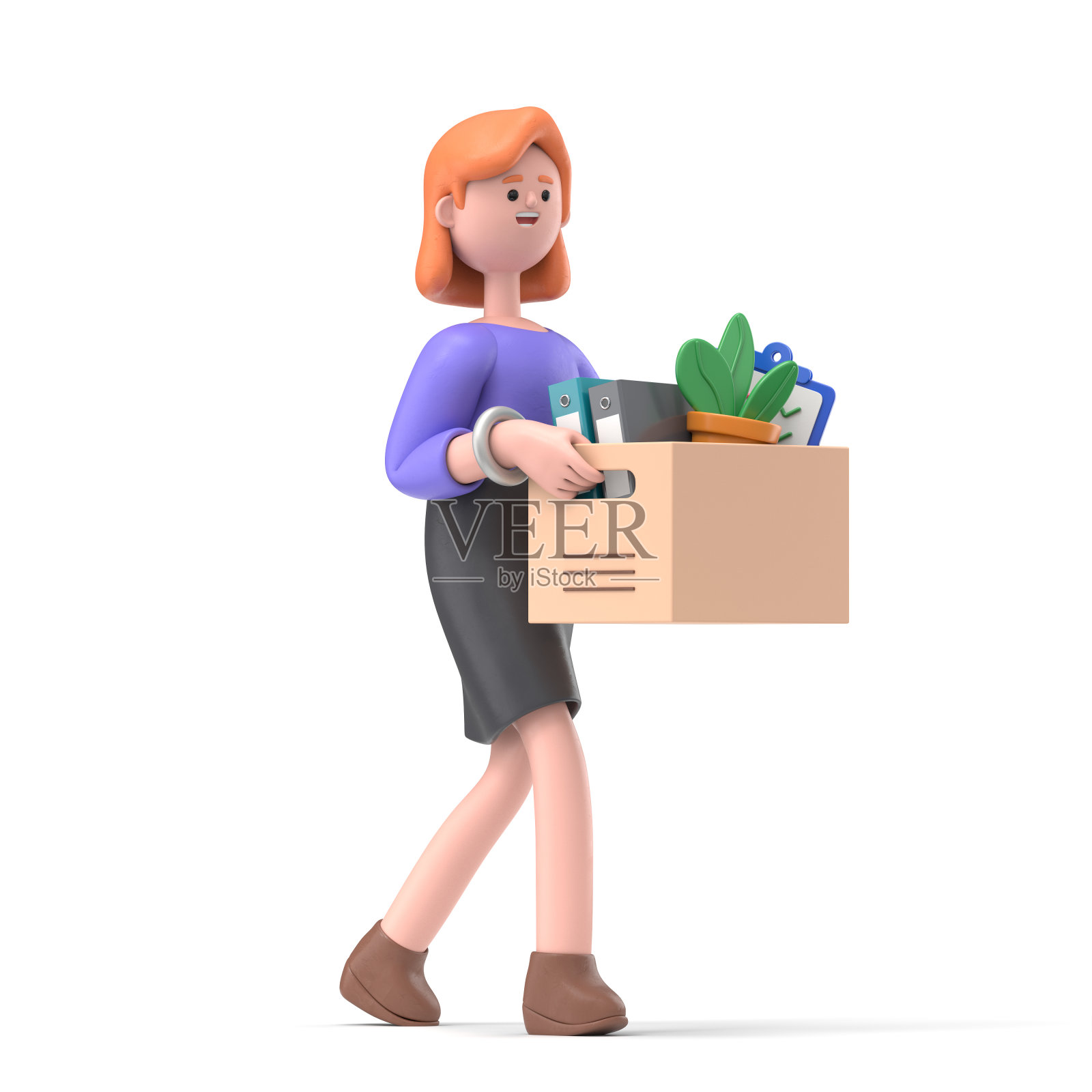 3D插图的微笑欧洲女商人艾伦去新的工作与盒子。欢迎来到新岗位商业概念。白色背景上的3D渲染。照片摄影图片