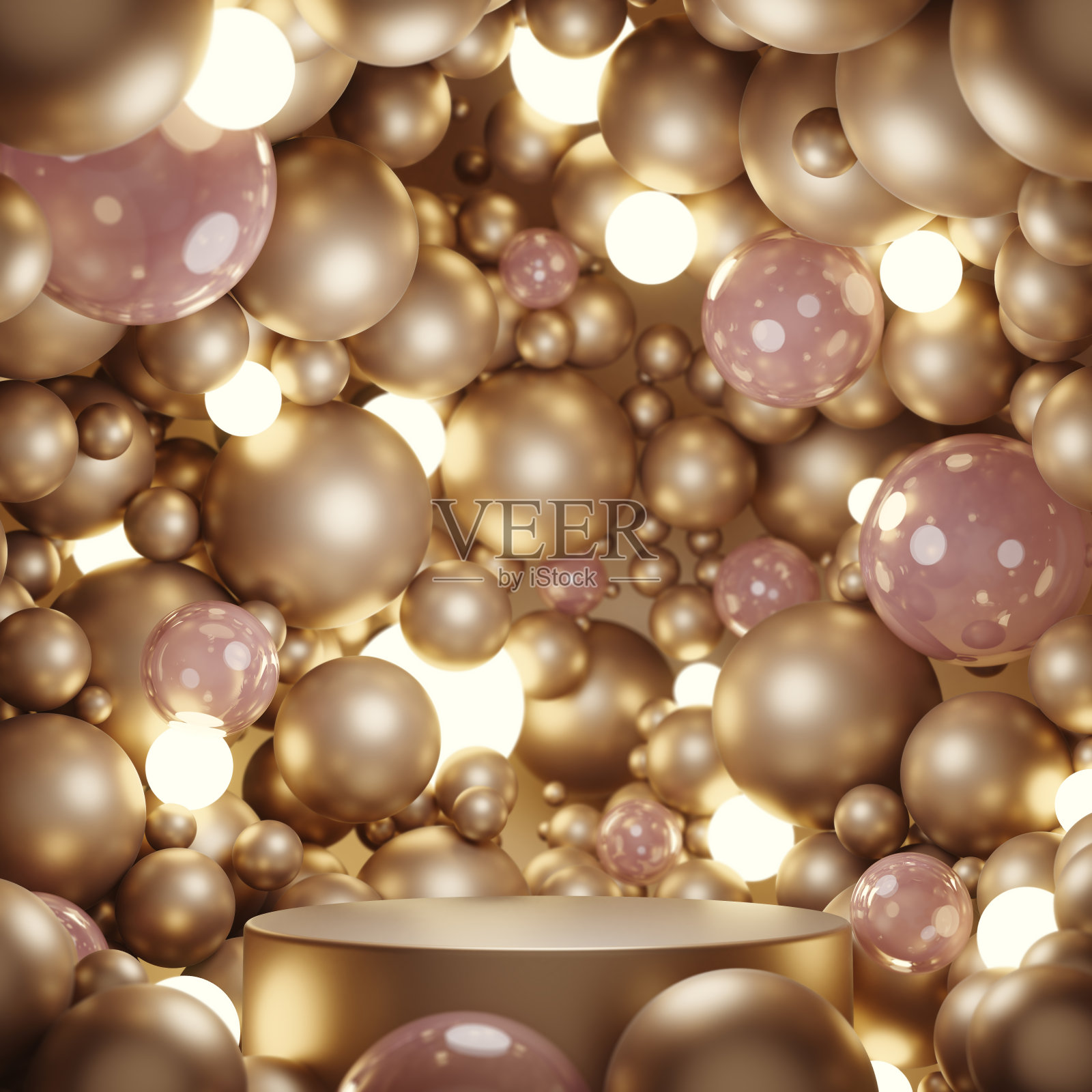 讲台讲台圈米黄色金。球形气泡珍珠发光轻宝石闪耀粉红色水晶豪华优雅高端。底座显示化妆品,美容产品或护肤品。3 d演示。照片摄影图片