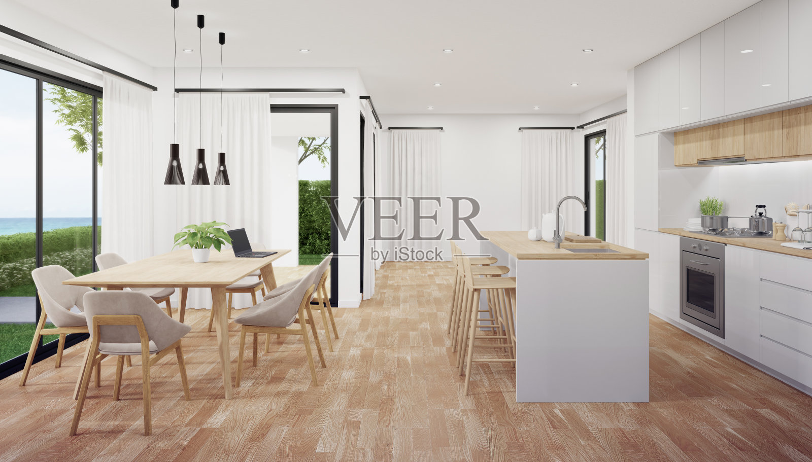 在现代海滩别墅或豪华别墅明亮的餐厅厨房附近的拼花地板上的桌子。照片摄影图片