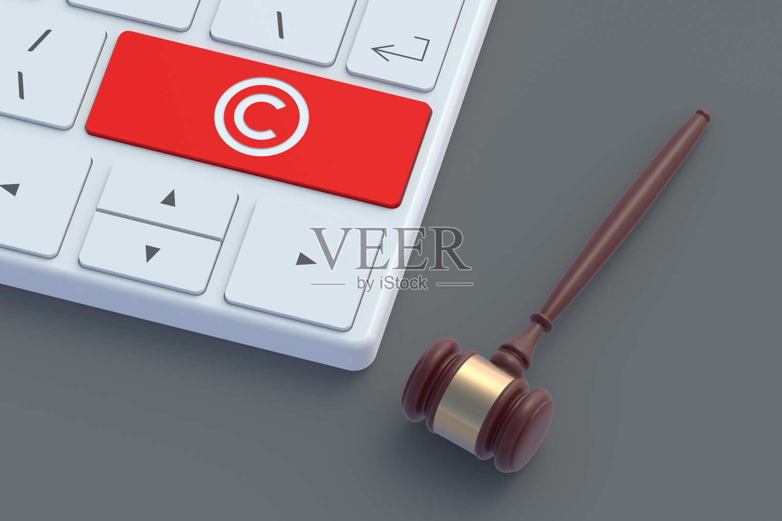 法官锤附近的红色键盘按钮上的版权符号。知识产权概念。音乐或歌曲的版权。3D渲染照片摄影图片