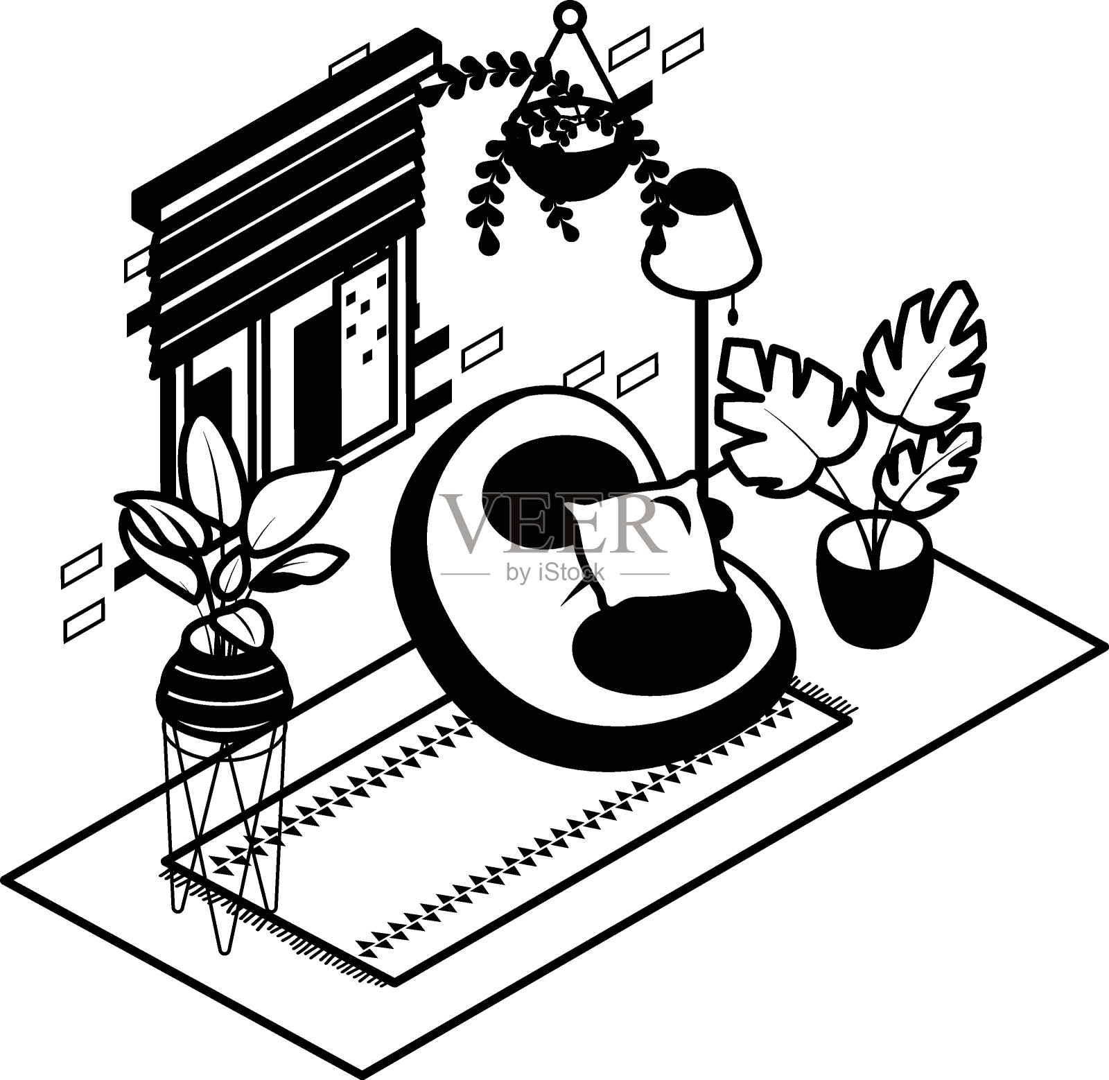 舒适的沙发碗,落地灯和室内植物的概念,明亮舒适的椅子矢量图标设计,绿色办公室符号,生态友好的工作空间标志,现代室内等距黑色股票插图插画图片素材