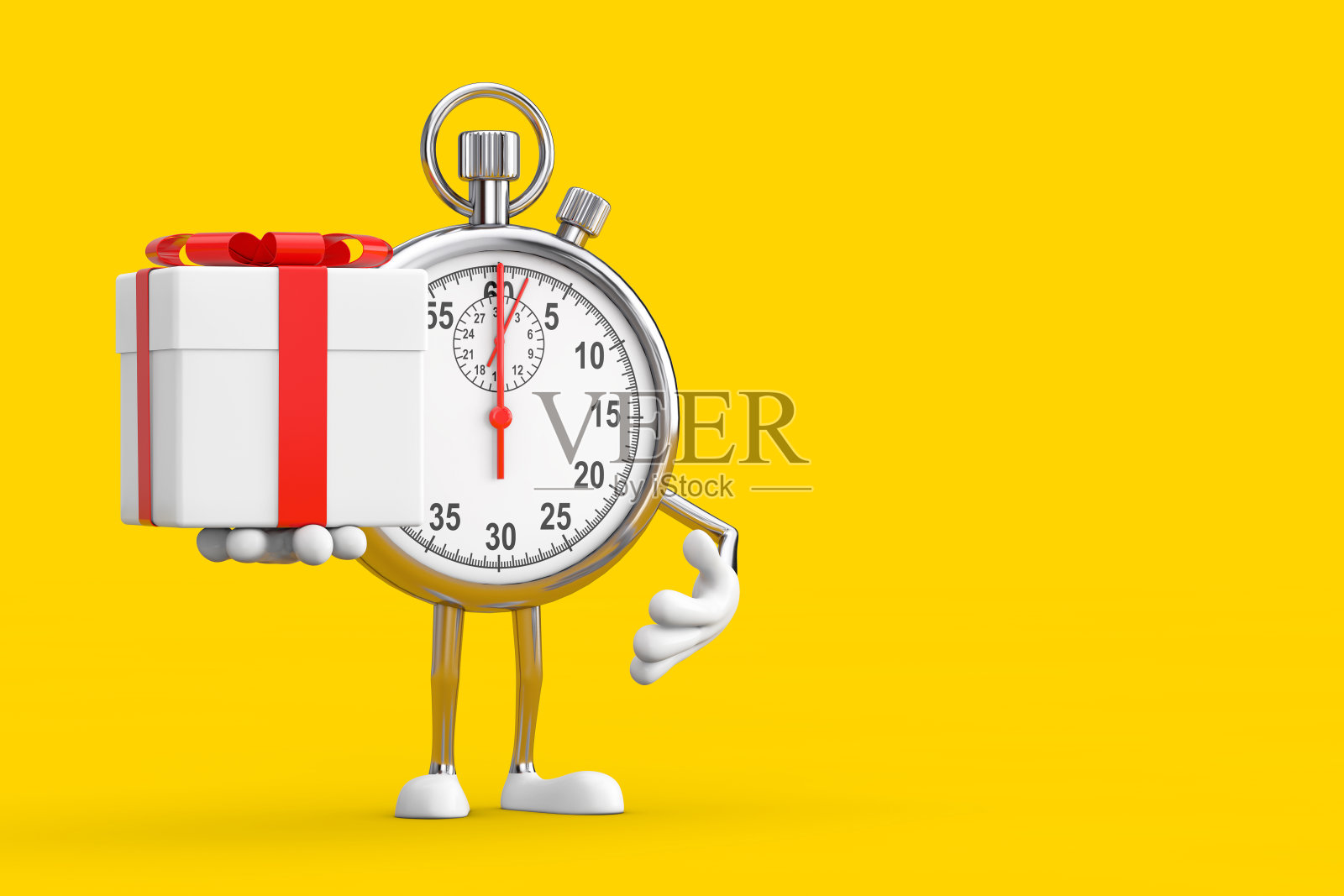 现代秒表卡通人物角色吉祥物和礼盒红丝带。3d渲染照片摄影图片
