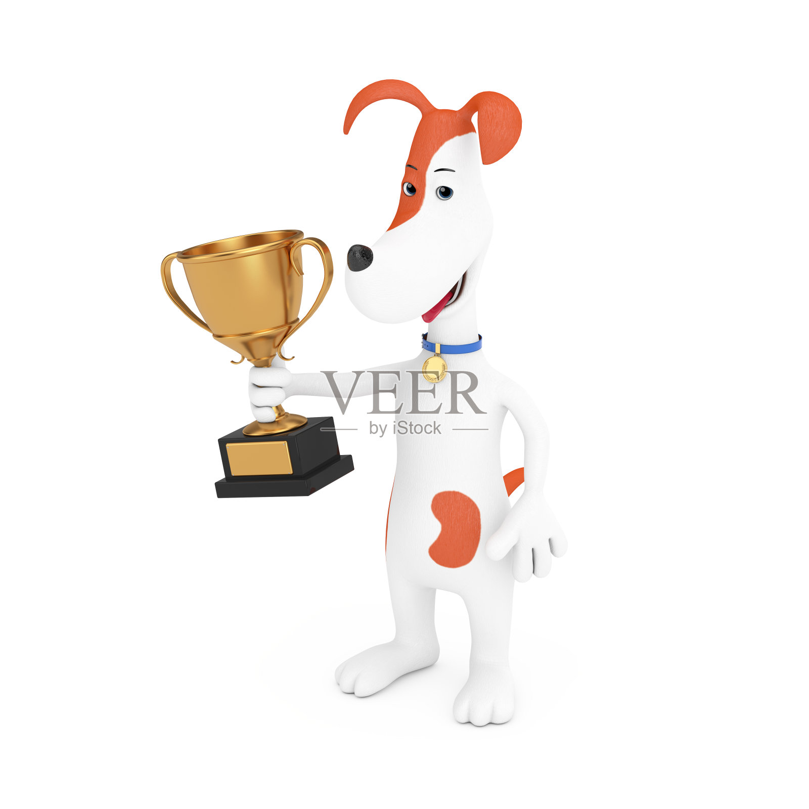 卡通可爱狗抱金奖奖杯。3d渲染照片摄影图片