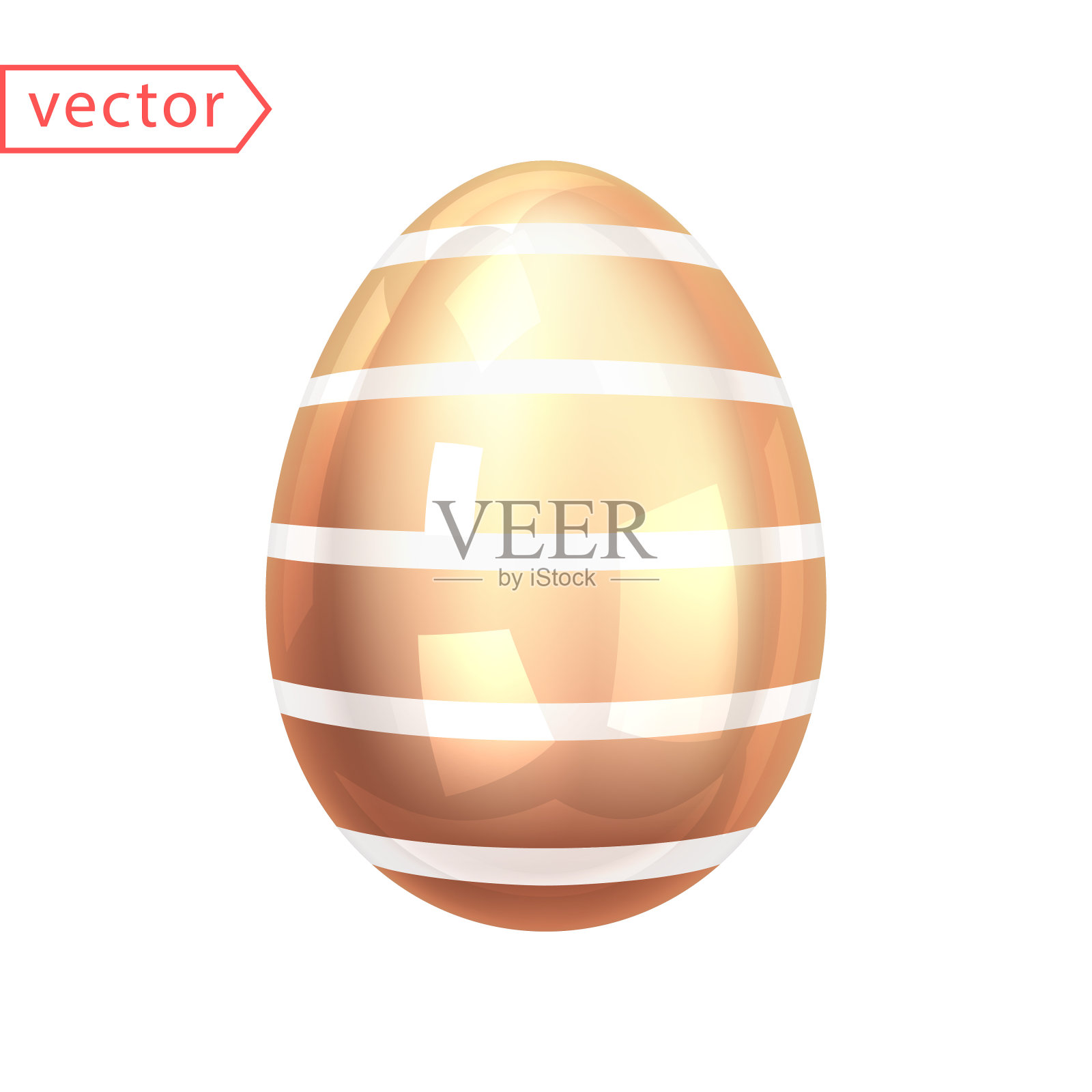 金色闪亮的复活节彩蛋与玻璃条纹。漂亮的复活节礼物。图像的透明光泽水晶金鸡蛋孤立在白色背景。复活节3d装饰设计。三维矢量插图插画图片素材