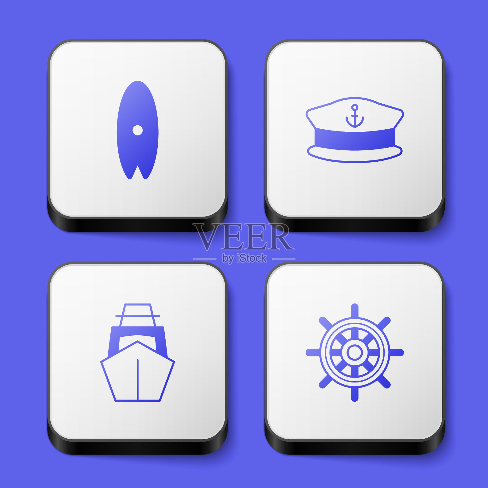 设置冲浪板,船长帽子,游艇帆船和船舶方向盘图标。白色方形按钮。向量图标素材