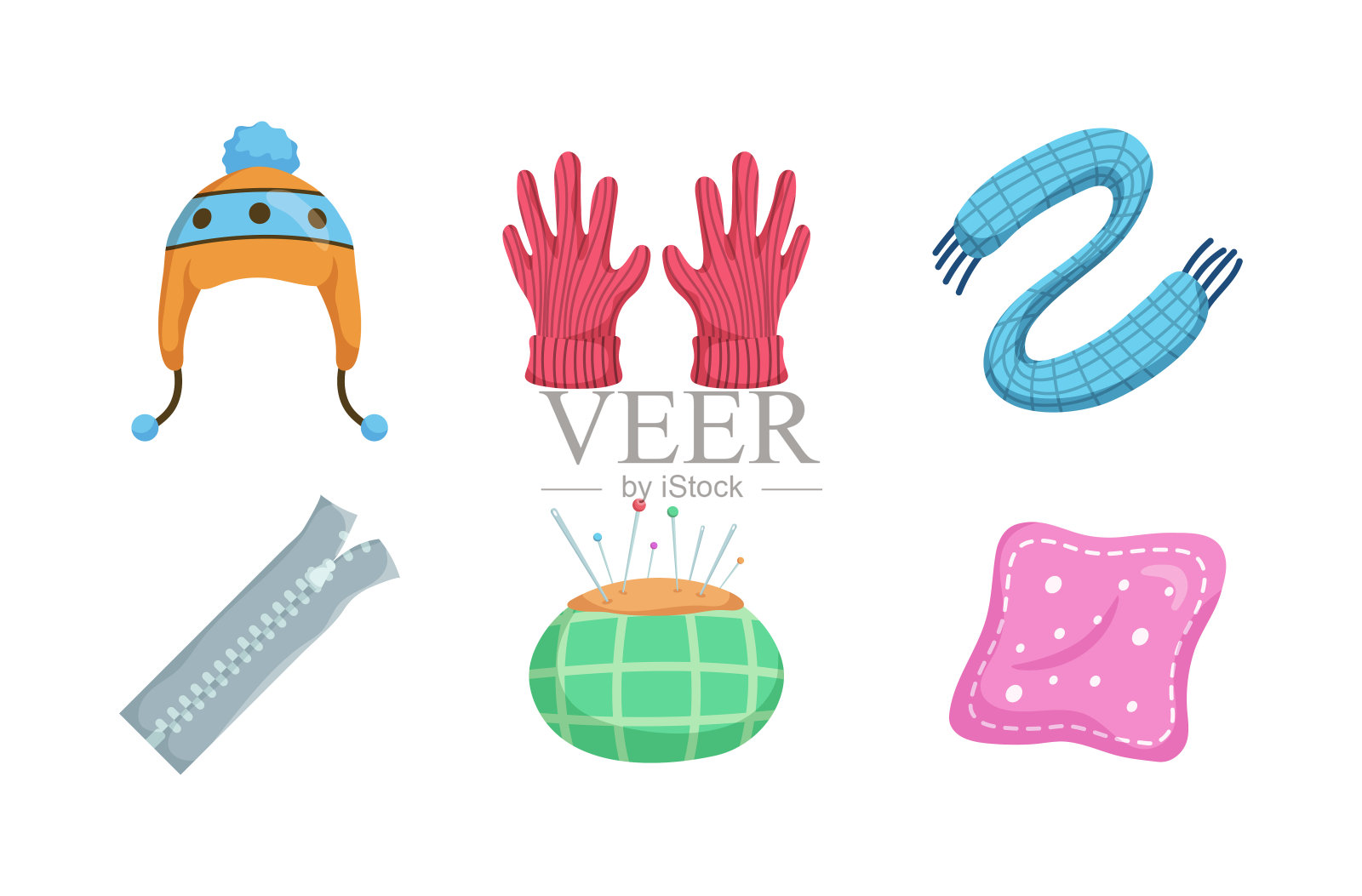 毛衣,袜子,帽子,围巾。编织卡通人物,插画图片素材