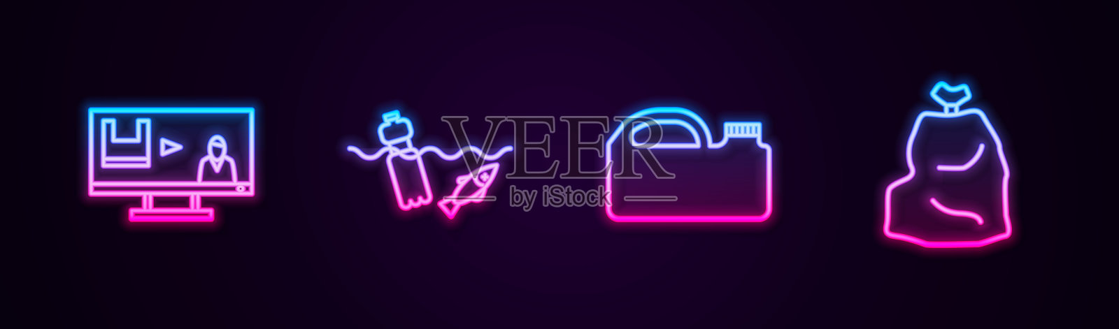 设置线停止塑料污染,海洋问题,机油罐和垃圾袋。发光的霓虹灯图标。向量图标素材