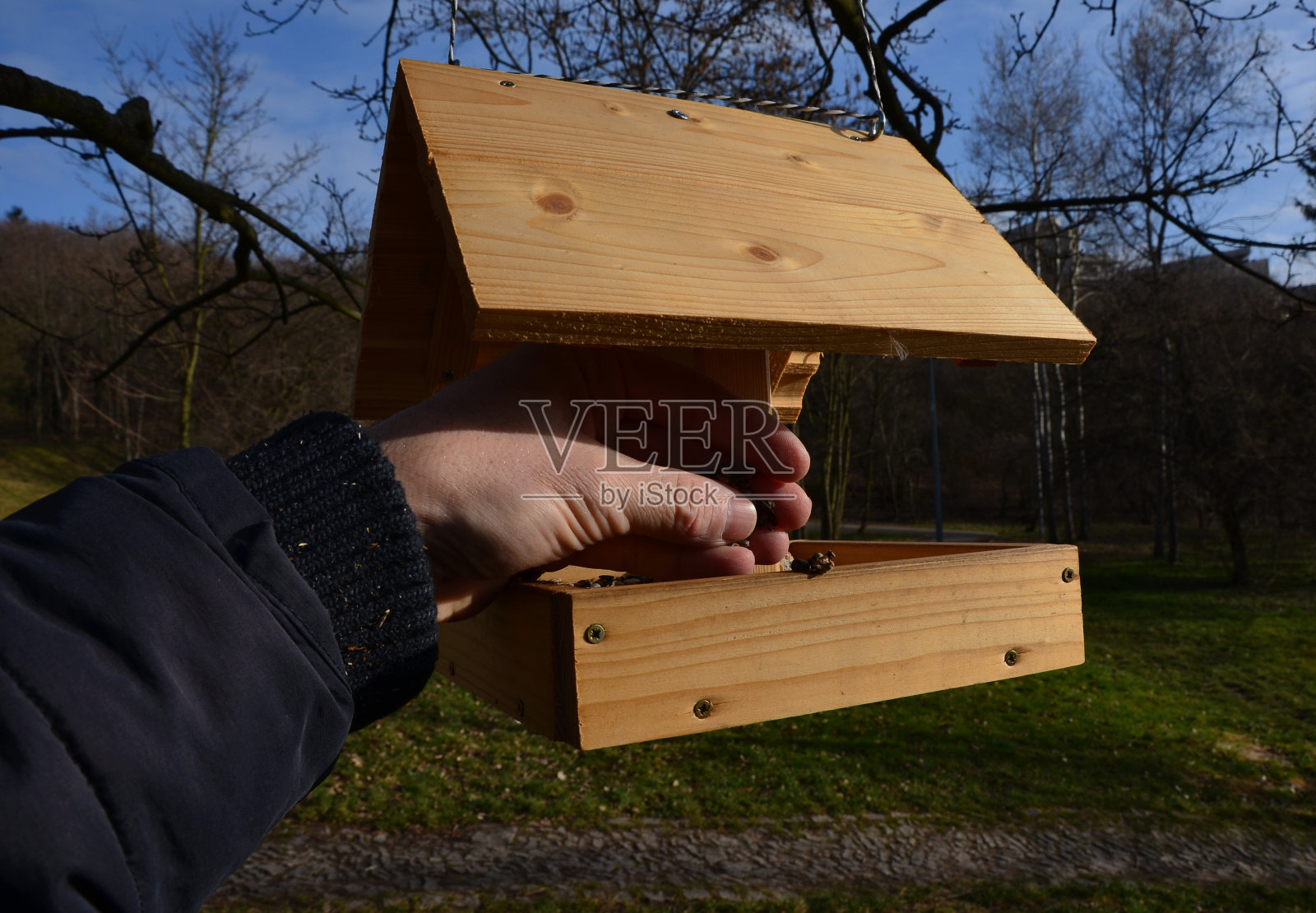 男人的手伸向花园的喂鸟器,因为漫长的冬天而变得虚弱。即使在春天也不要停止喂食,鸟儿还没有足够的自然食物,而且很饿。它们开始筑巢照片摄影图片