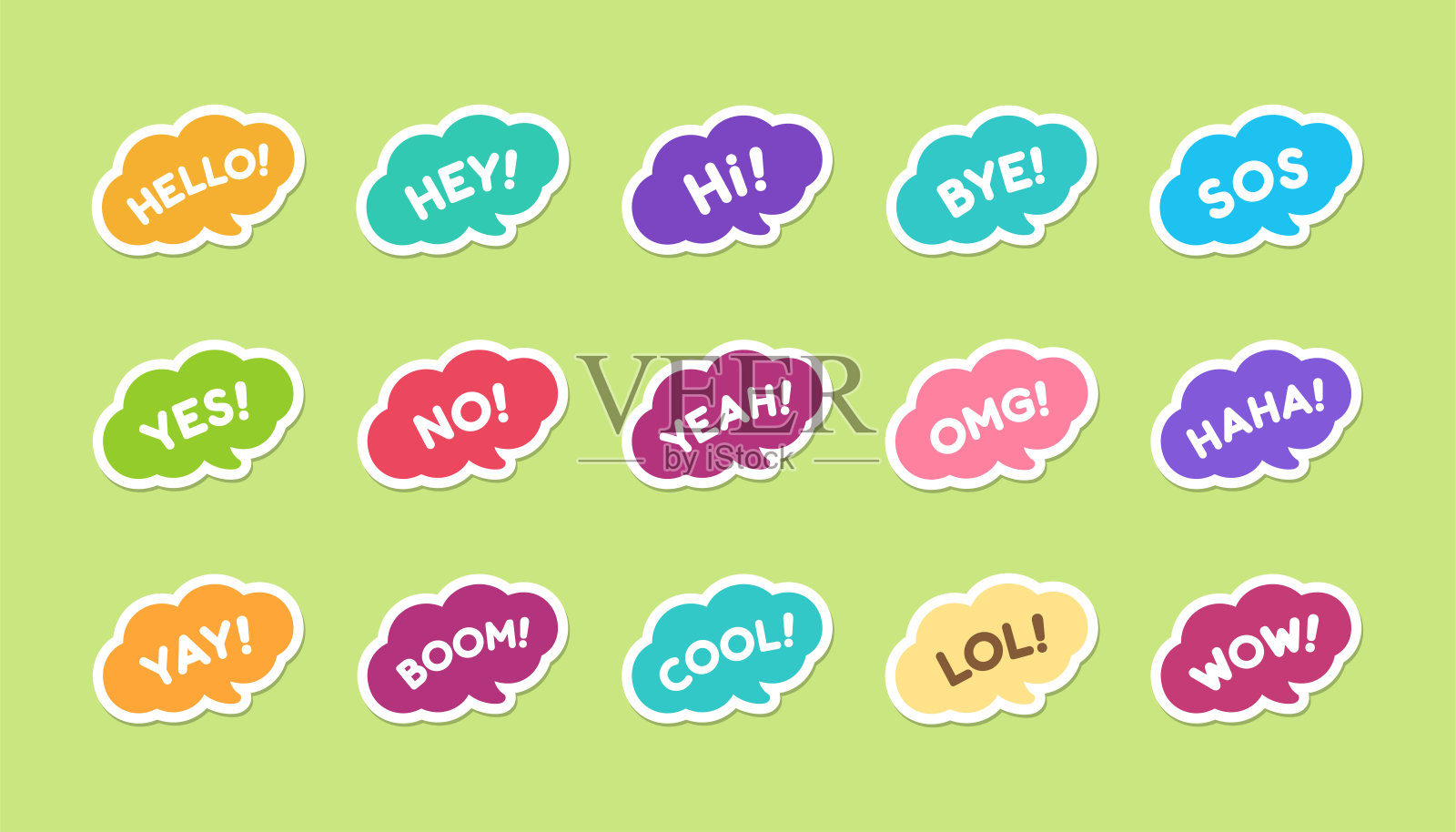 可爱的语音泡泡与短语你好,再见,是,不,耶,酷,哇,哈哈图标集。简单的平面矢量插图。插画图片素材