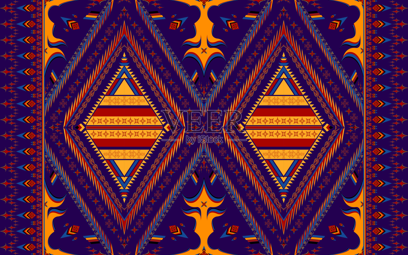 民族民间几何无缝图案有深蓝、红、黄三种插画图片素材