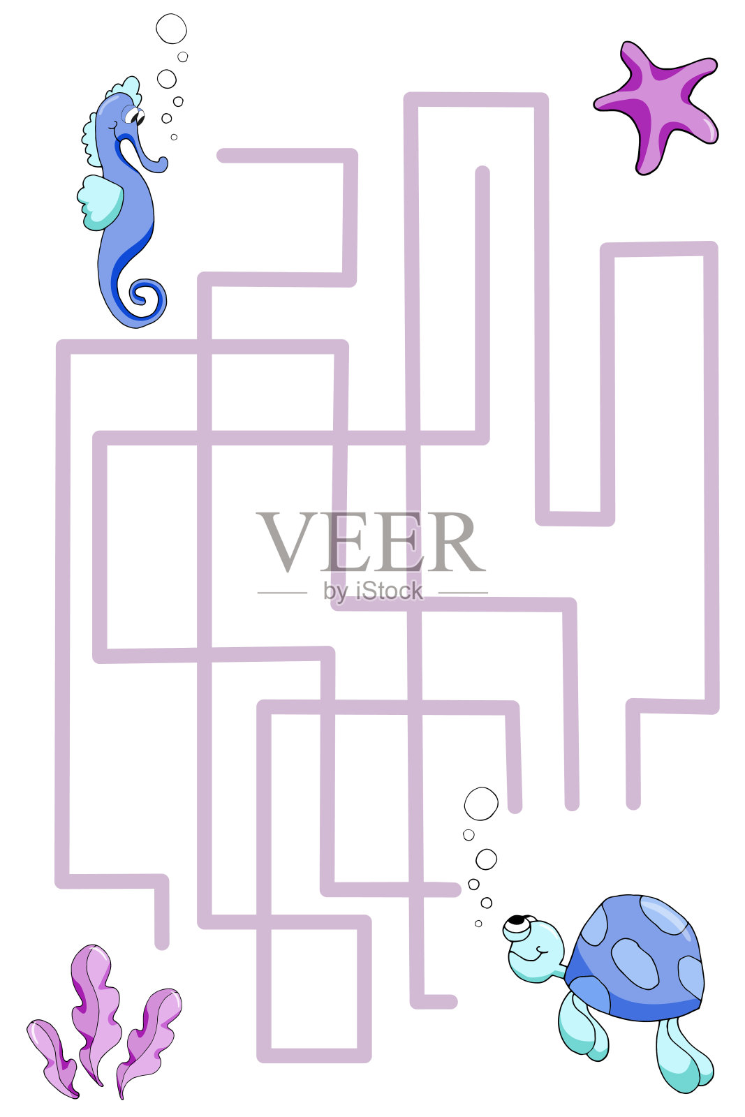 迷宫游戏水下生活。帮助乌龟找到海马。插画图片素材
