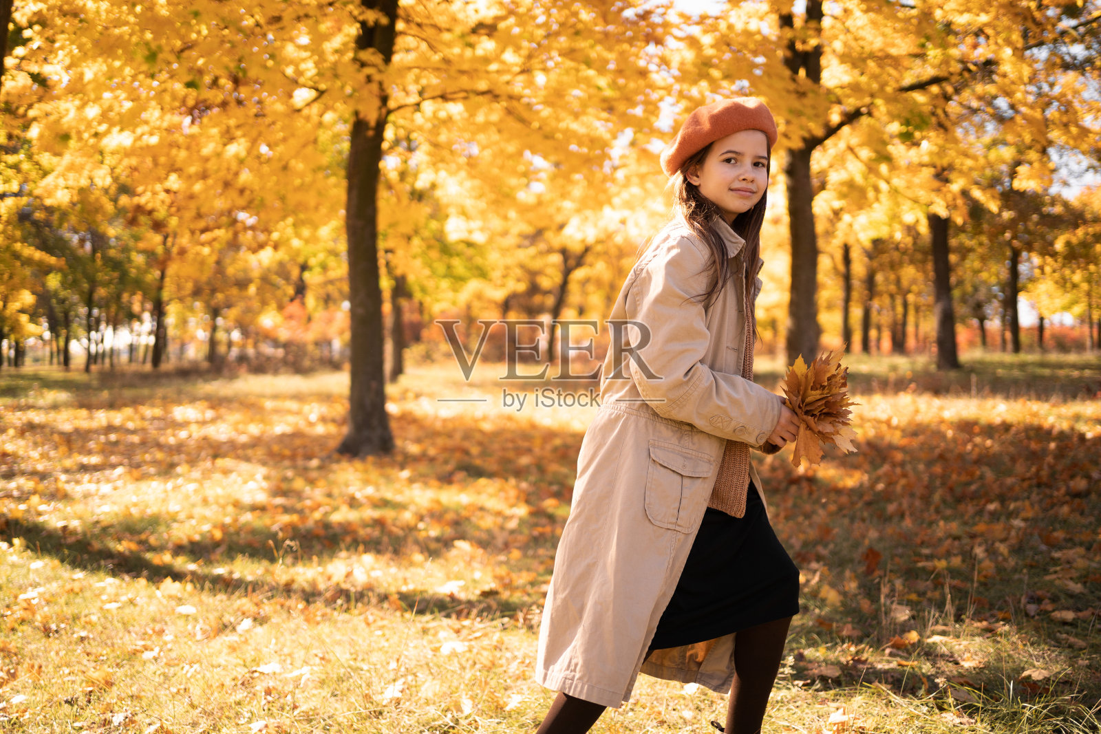 漂亮的小女孩在秋天的公园休息,跑步和看着相机。夕阳下的小姑娘。小孩子在秋天的大自然中散步。照片摄影图片