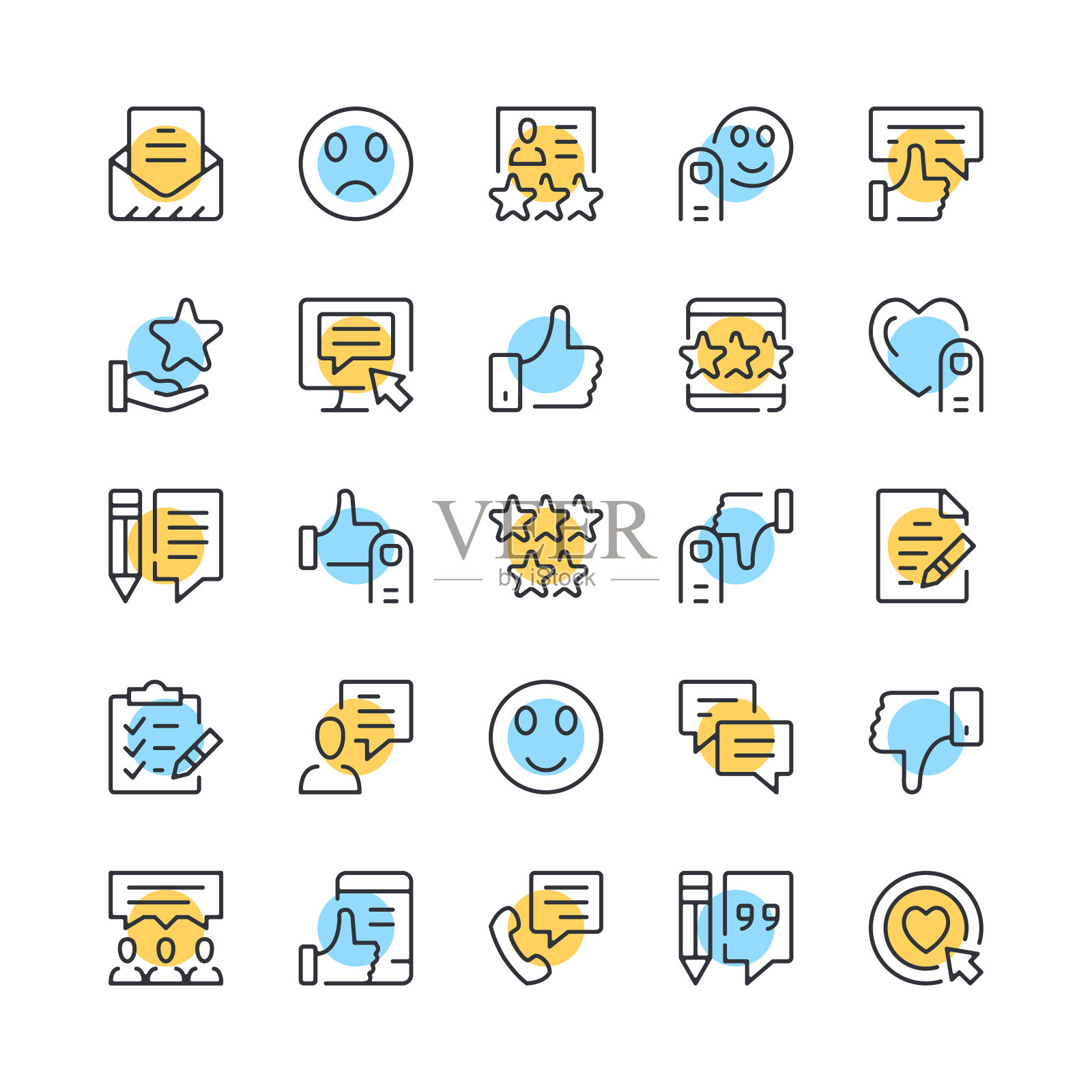 客户反馈线图标。一组喜欢的图标。黑色、蓝色和黄色。现代线性轮廓图形设计。矢量线图标集图标素材