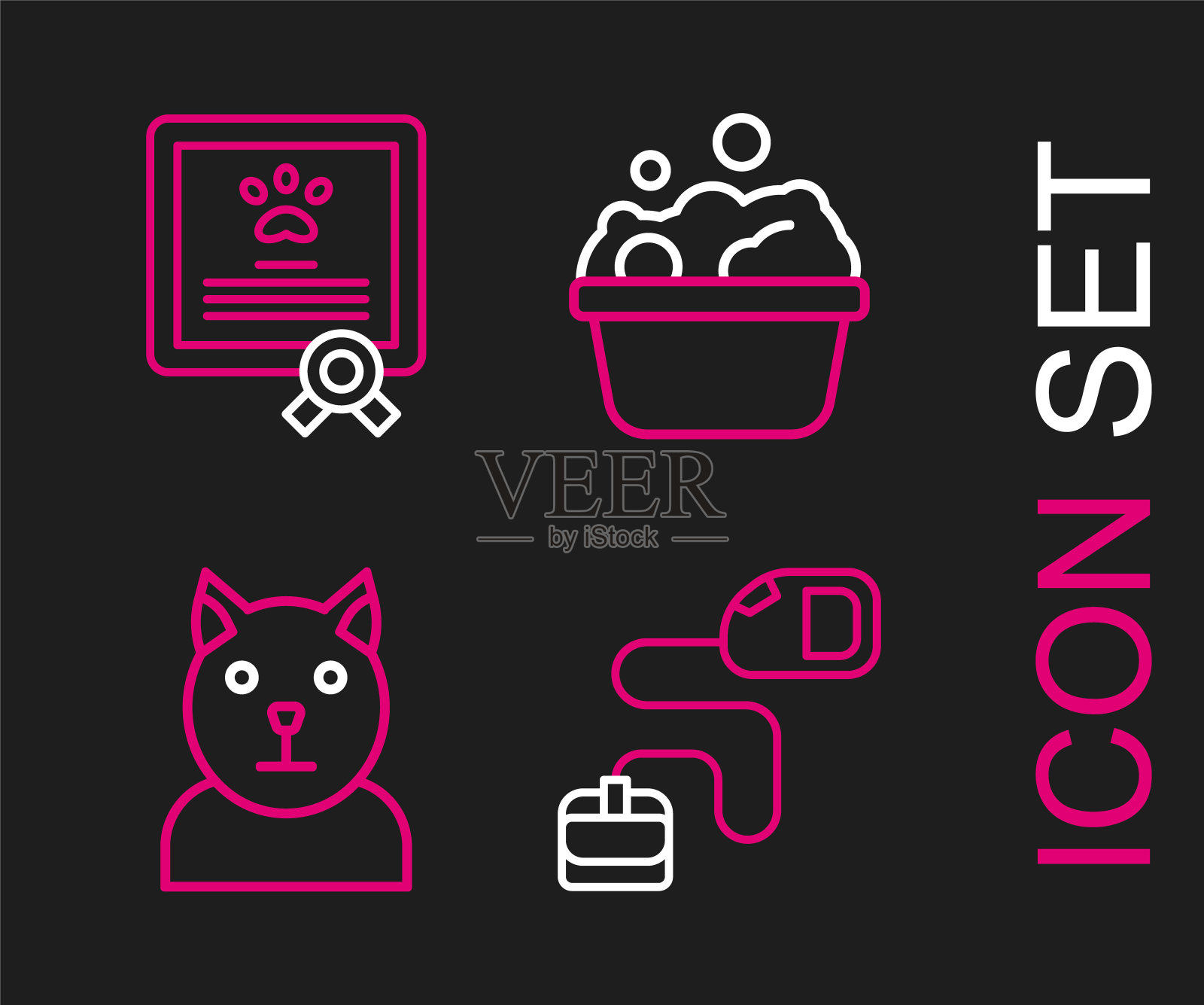 设置线可伸缩绳绳,猫,宠物浴和证书的狗猫图标。向量图标素材