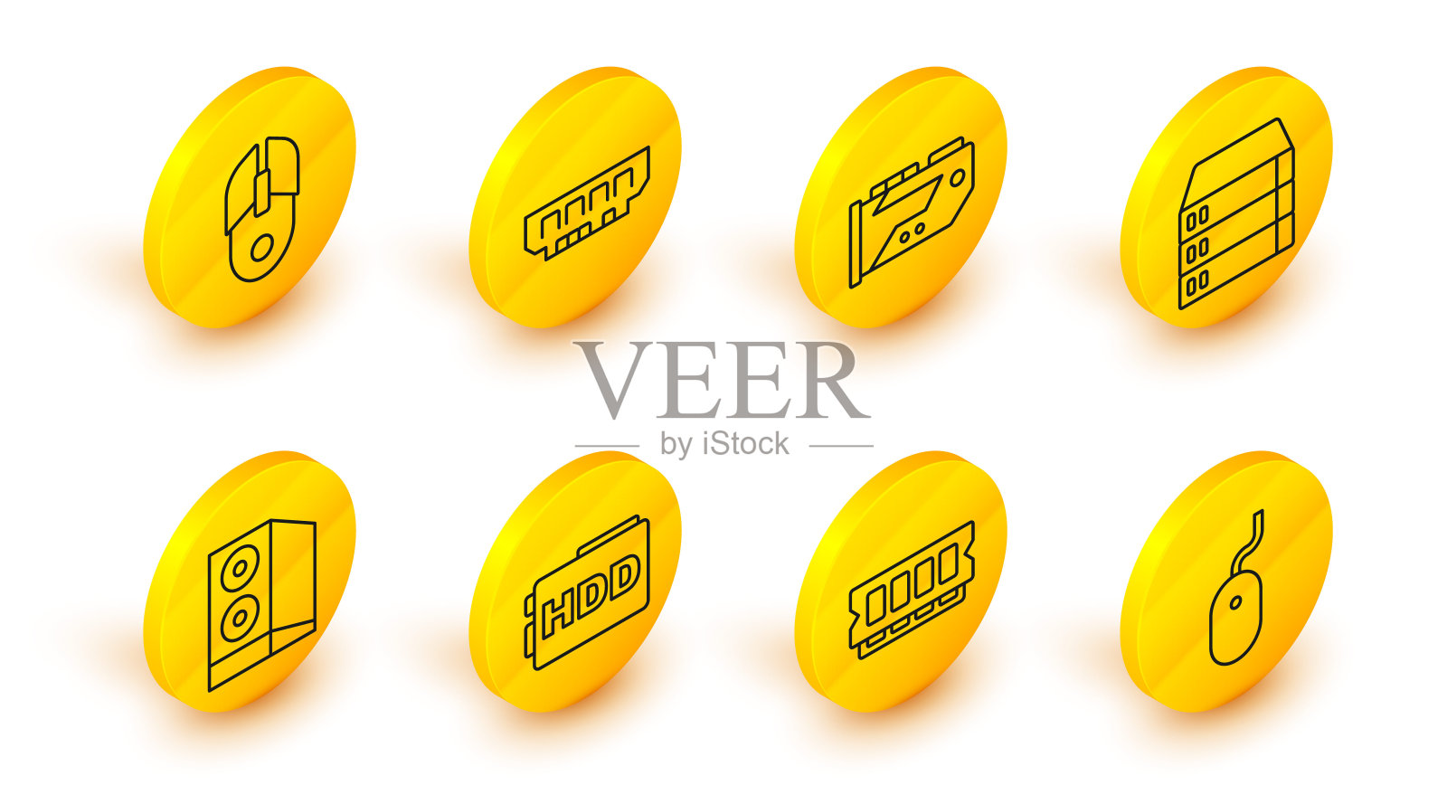 设置线电脑鼠标,RAM,随机存取存储器,硬盘驱动器HDD,电脑机箱,服务器,数据,网络主机,视频显卡,图标。向量图标素材