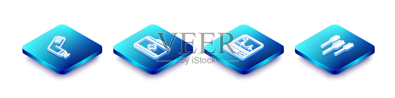 设置等距线吸入器,急救箱,带有心电图和小麦图标的监护仪。向量图标素材