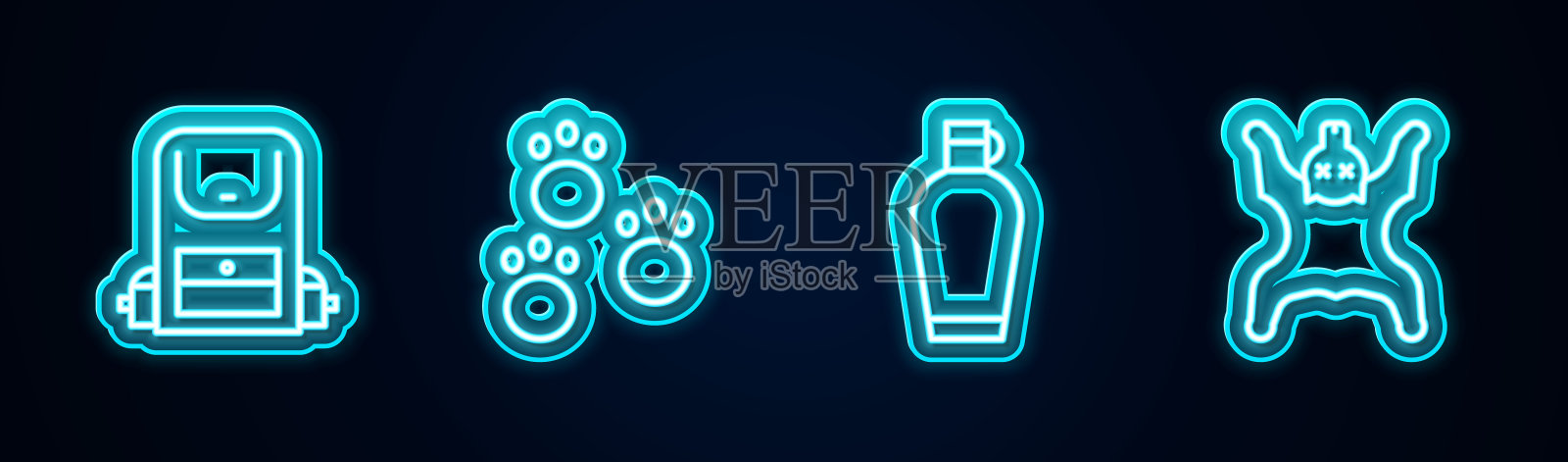 套装徒步背包,爪印,水壶和熊皮。发光的霓虹灯图标。向量插画图片素材