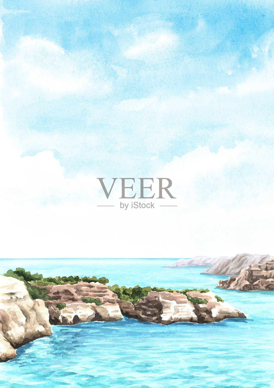 海悬崖,海岸岩石,手绘水彩插图和背景插画图片素材