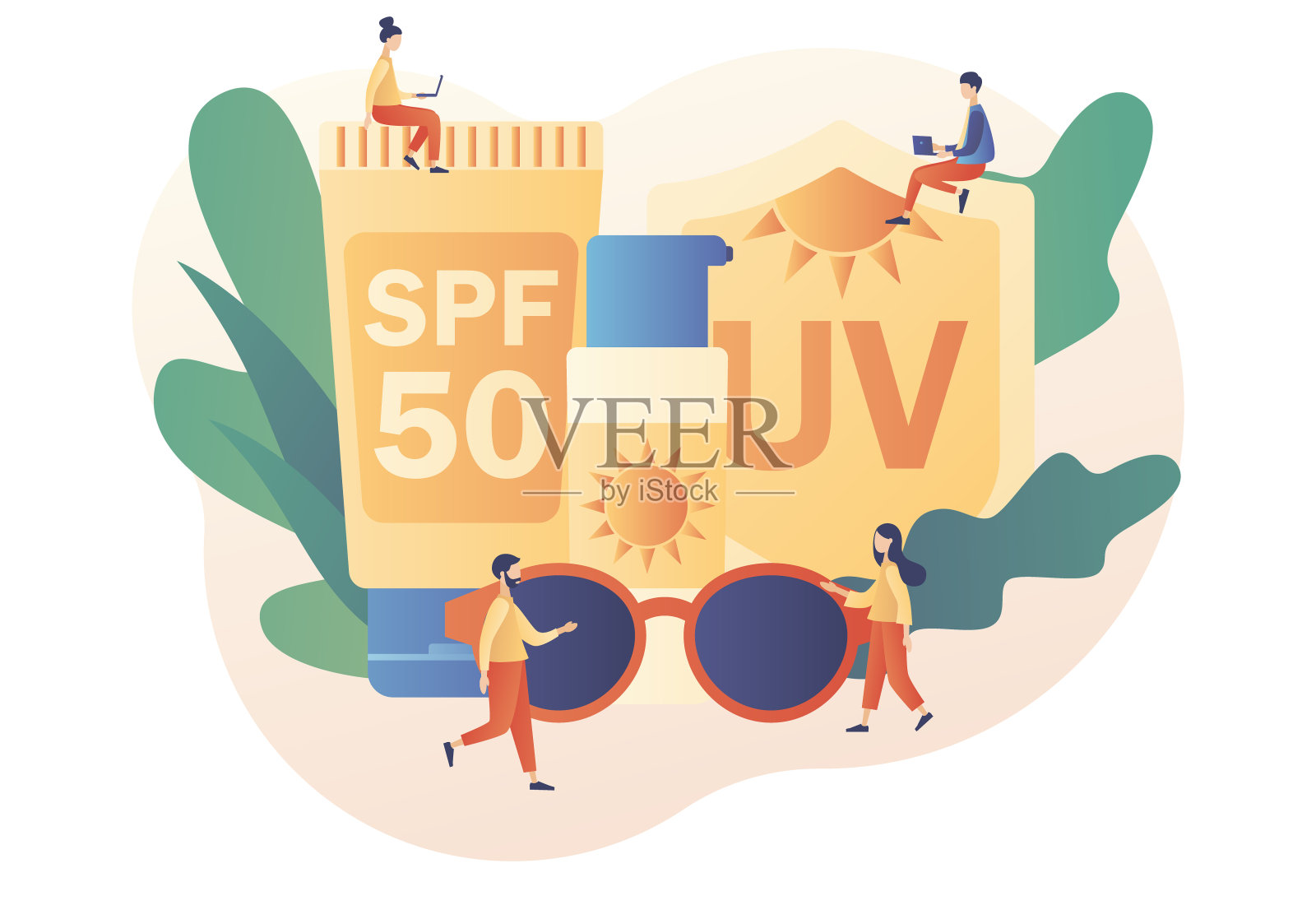 不同SPF等级的产品。防紫外线概念。一瓶管一瓶的防晒霜,乳液,凝胶。现代平面卡通风格。白色背景上的矢量插图插画图片素材