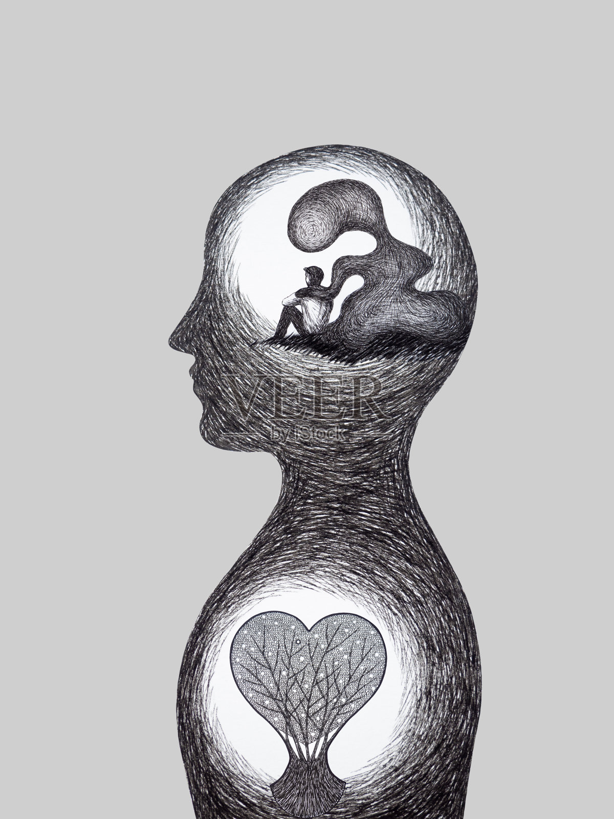 男人身体坐姿心理精神健康疗愈悲伤痛苦沮丧孤独水彩画插画插画图片素材