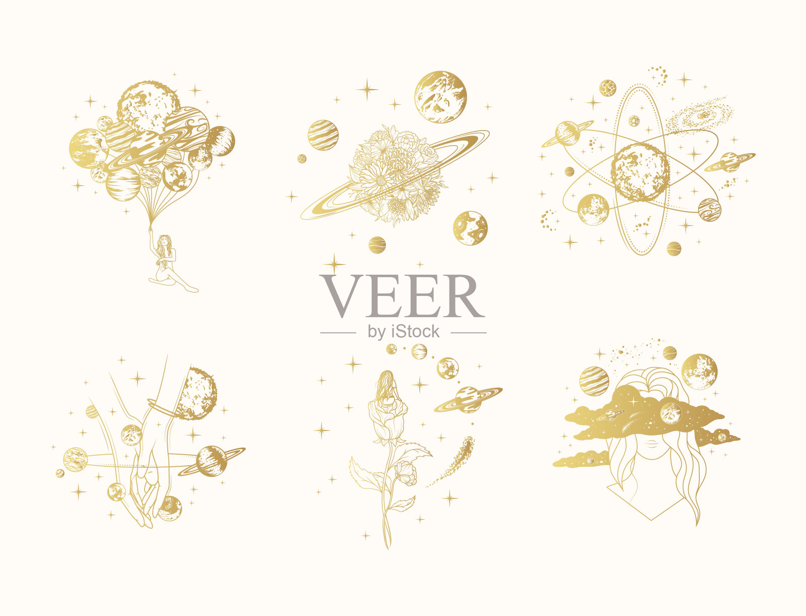 金色天体空间构成隔离集。六幅手绘的神秘行星、星系、恒星和太阳系矢量插图,用于海报和绿化卡片。插画图片素材