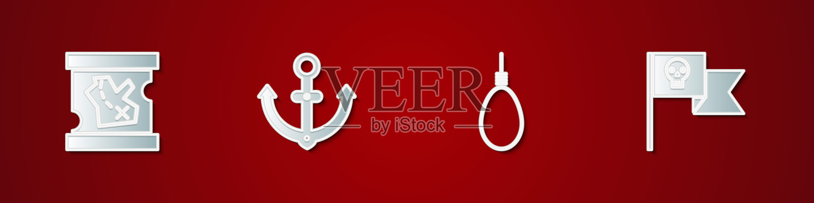 设置海盗藏宝图,锚,绞刑架绳环挂和旗帜与头骨图标。向量图标素材