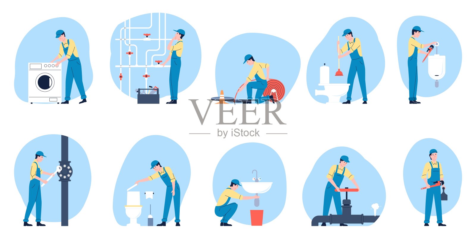 水管工在工作,修理管道和厕所。浴室、管道和建筑技师。勤杂工服务,平房专业人士近期矢量人物插画图片素材