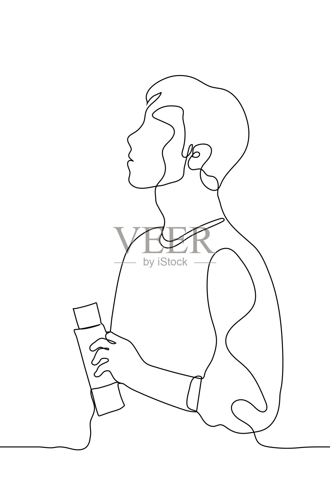 一名男子抬起头(一块写着信息的板子),手里拿着护照和机票——一条线。一个等待登机或办理登机手续的乘客的概念插画图片素材