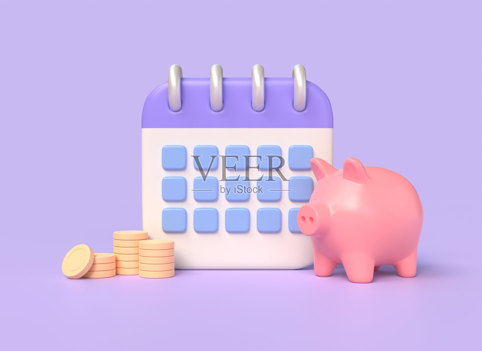 3d小猪储蓄罐,日历,一堆金币。是时候付钱了。成功偿还贷款。税收的一天。快钱概念。插图孤立在紫色背景上。三维渲染照片摄影图片