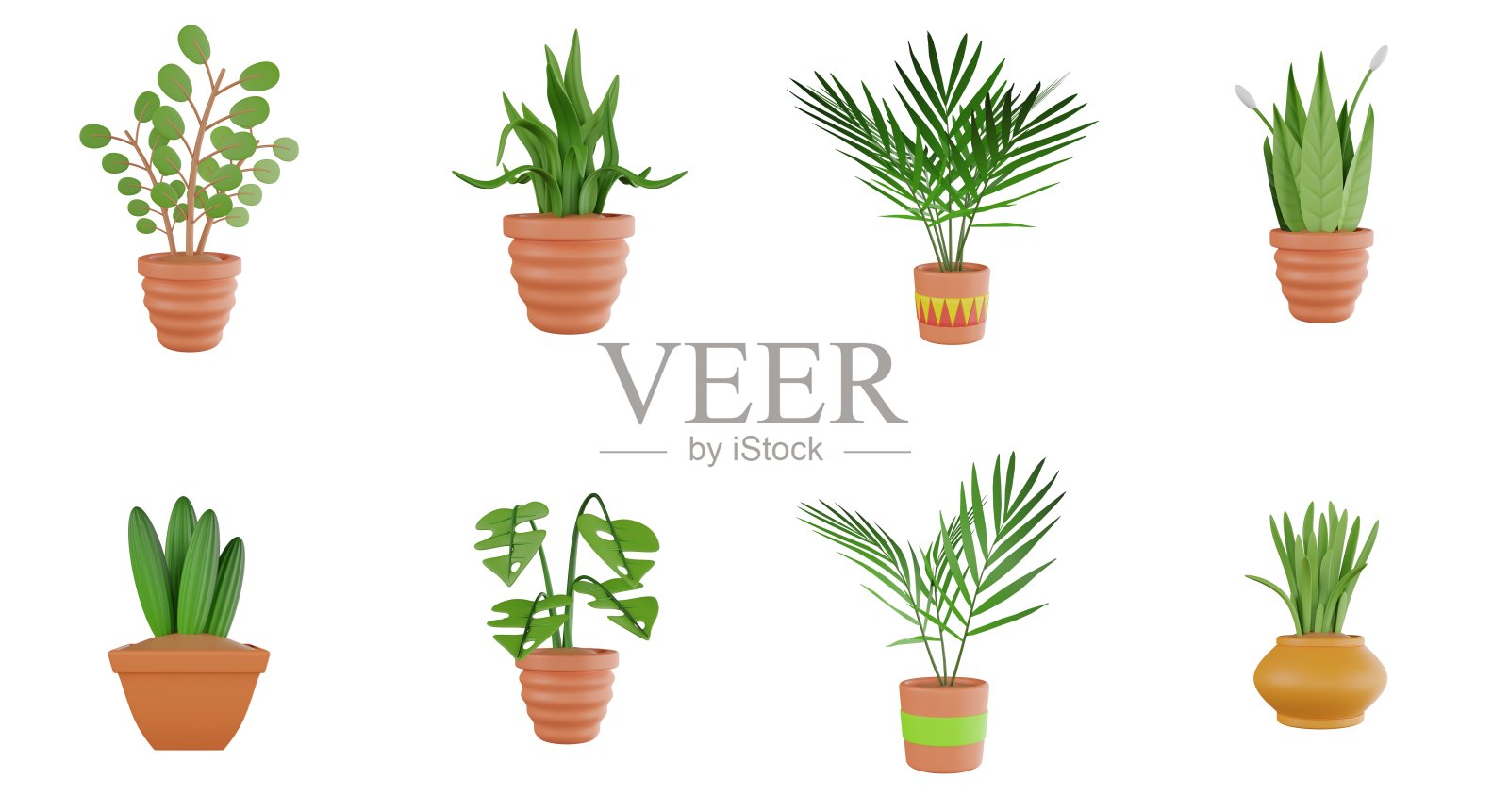 3D植物在花盆设置园艺室内植物花盆室内绿化植物植物草本观赏植物UX UI网页设计元素3D渲染插图照片摄影图片