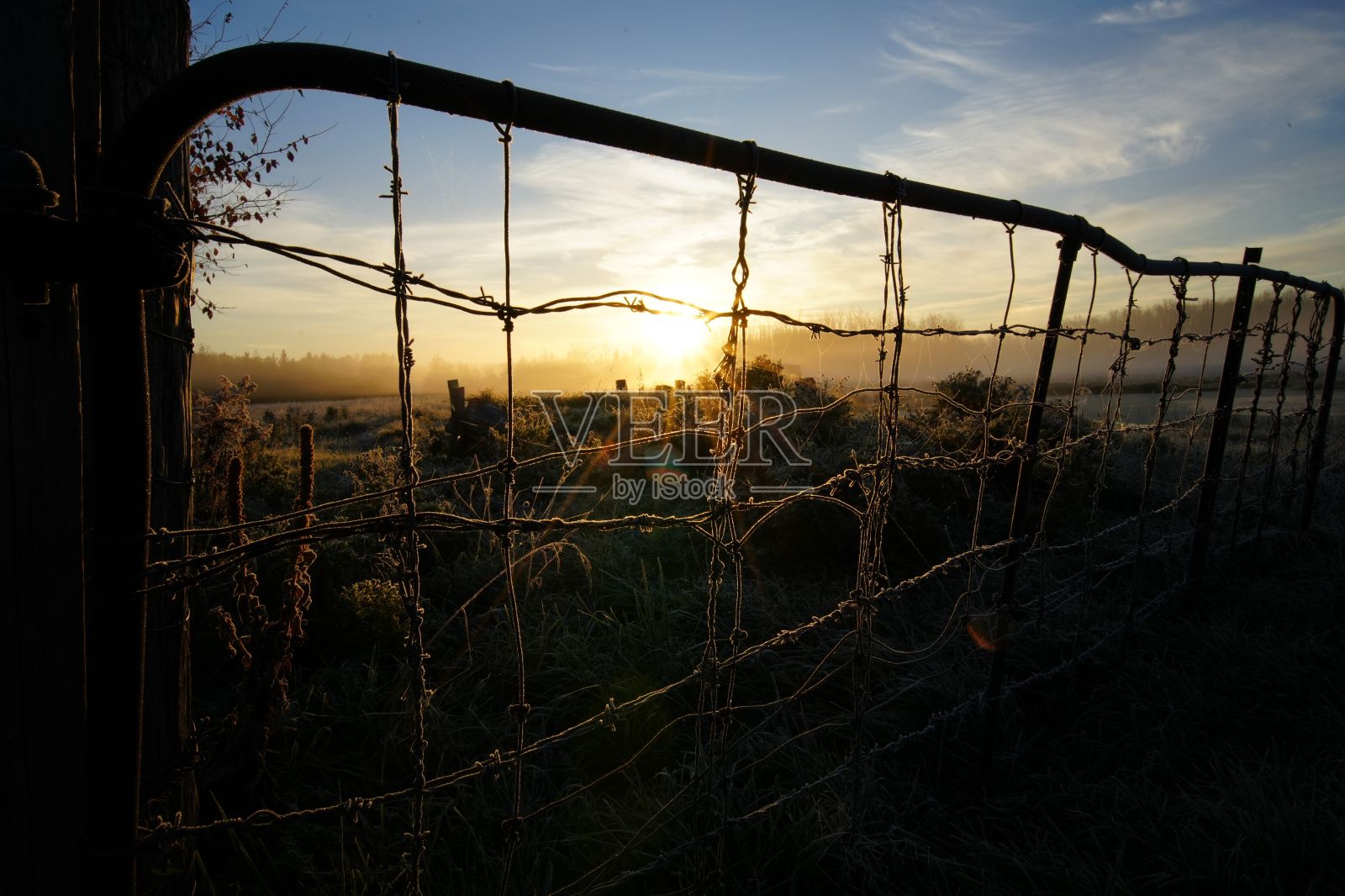 栅栏前美丽的日落天空装饰着铁丝网照片摄影图片