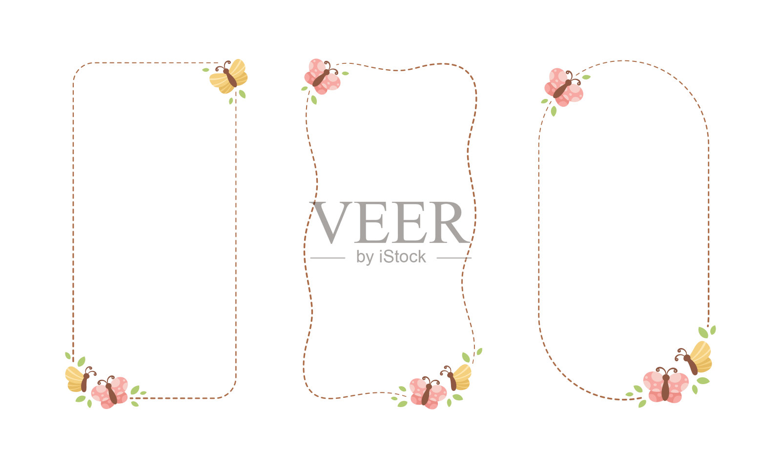 可爱的花蝴蝶框架设置。春夏垂直边界矢量插图。插画图片素材