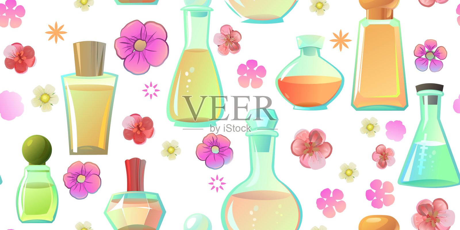 香水和香氛项目无缝模式。卡通风格。芳香芳香液体,玻璃容器。男女皆宜。孤立在白色背景上。向量。插画图片素材