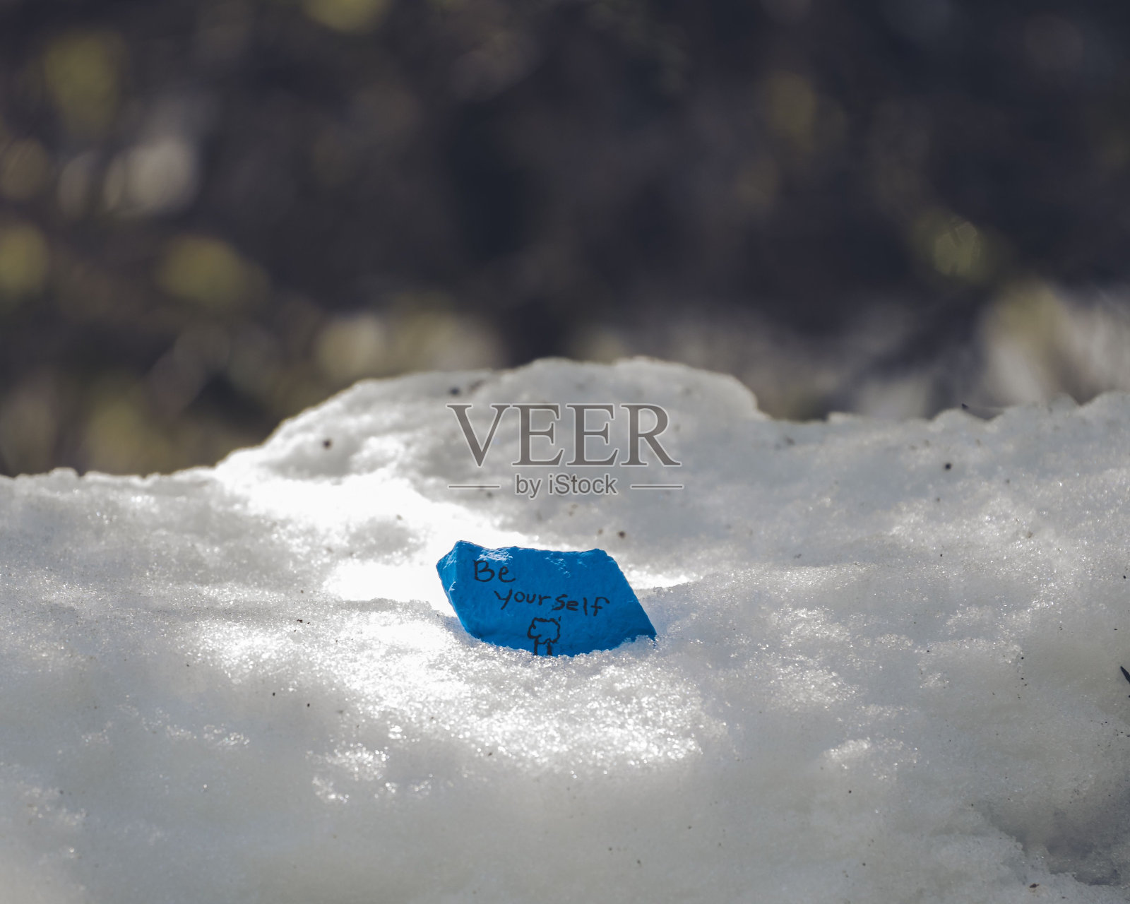 一块蓝色的石头,上面写着“在雪地里做你自己”照片摄影图片