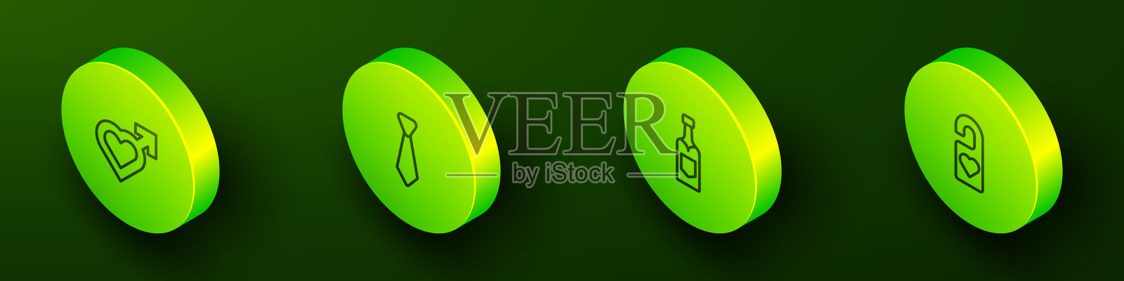 心形等距线与男性性别,领带,香槟瓶和请不要打扰图标。向量图标素材